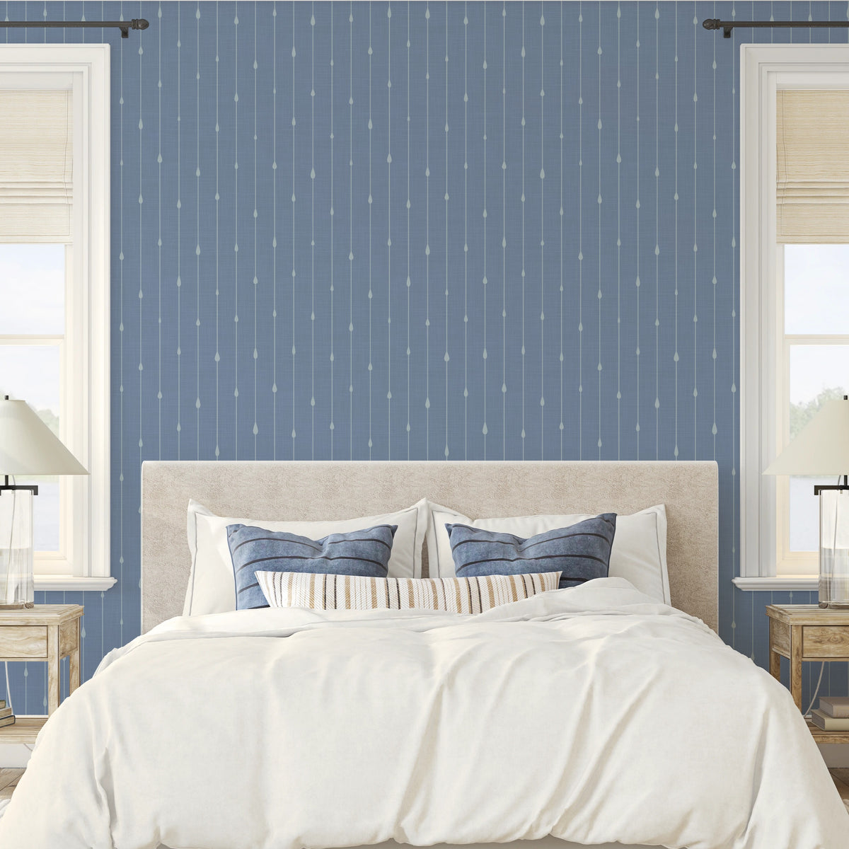 blue coastal stripe with nautical water drops in removable peel and stick, prepasted or traditional nonpasted wallpaper for a powder room, bathroom, bedroom, or nursery wall.