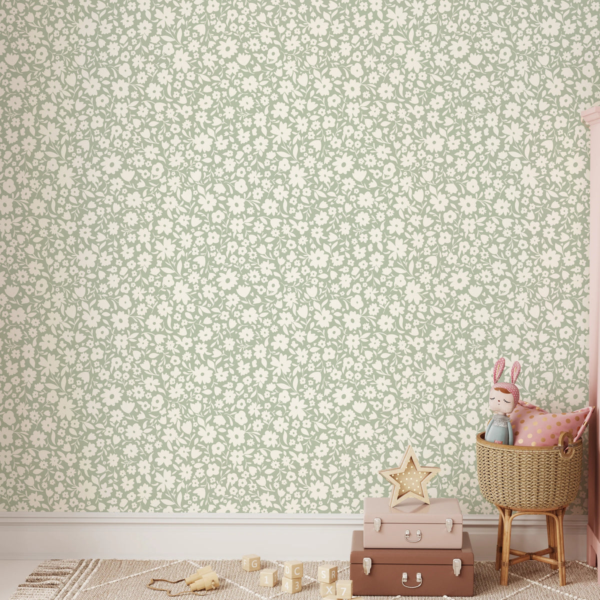 cute green vintage floral inspired wallpaper in peel and stick, prepasted or traditional nonpasted for cottagecore or english cottage inspired girls bedroom, nursery or powder room