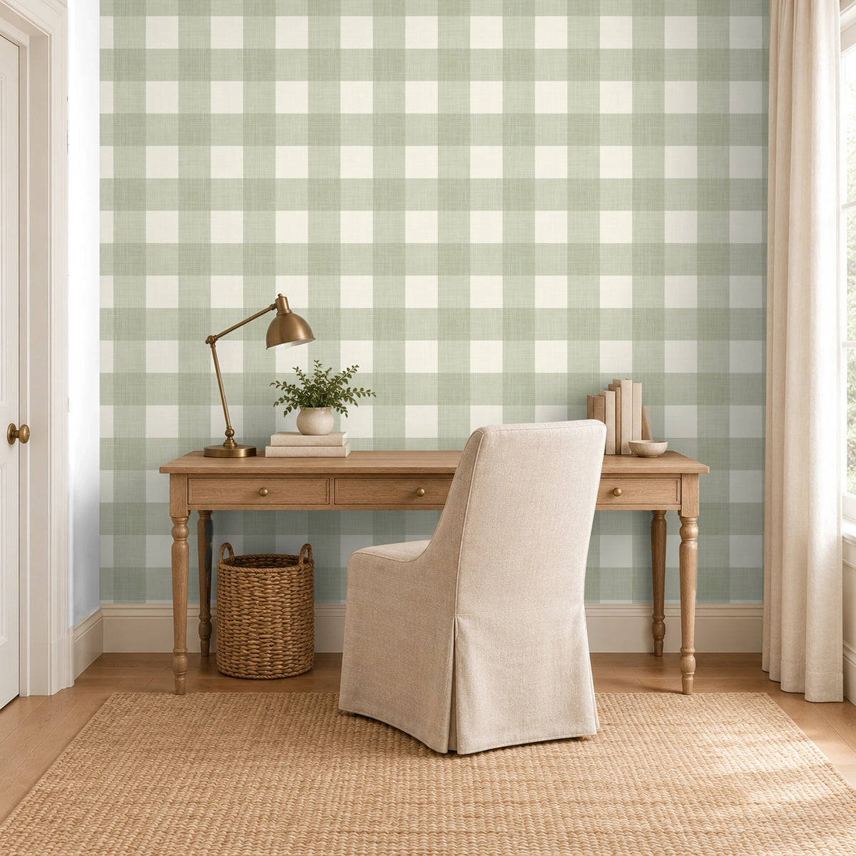 olive/sage green gingham wallpaper in removable peel and stick, prepasted, or traditional nonpasted for baby boy or girl nursery room or childrens room wallpaper for a modern farmhouse or vintage cottage style home.