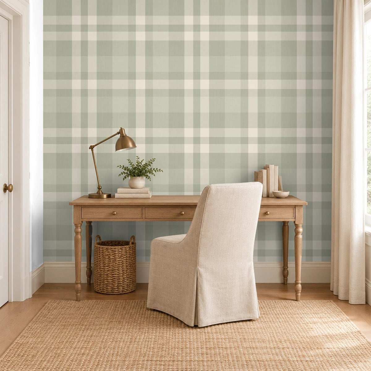 Sage green plaid prepasted wallpaper in a cozy home office