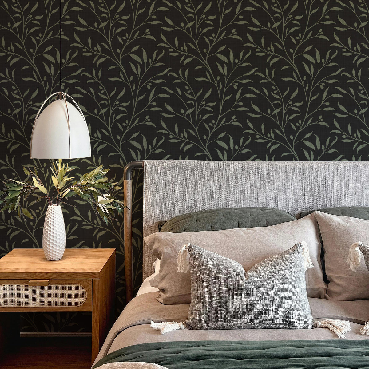 dark moody olive grove botanical leaves and branches wallpaper in peel and stick, prepasted or traditional nonpasted for vintage farmhouse or dramatic accent wall.