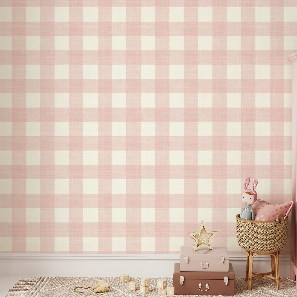 pink and white gingham wallpaper for girls bedroom or nursery with a cute cottage or farmhouse style in peel and stick, traditional nonpasted or prepasted wallpaper.