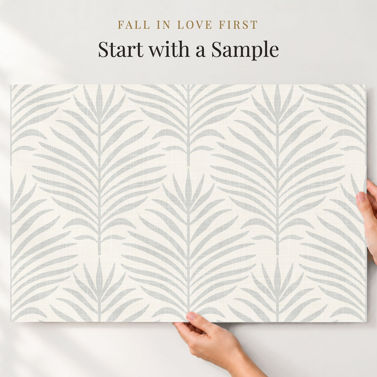 coastal botanical palm leaf wallpaper in gray and white for modern beach house or tropical decor in peel and stick, prepasted, or traditional nonpasted samples and rolls or panels