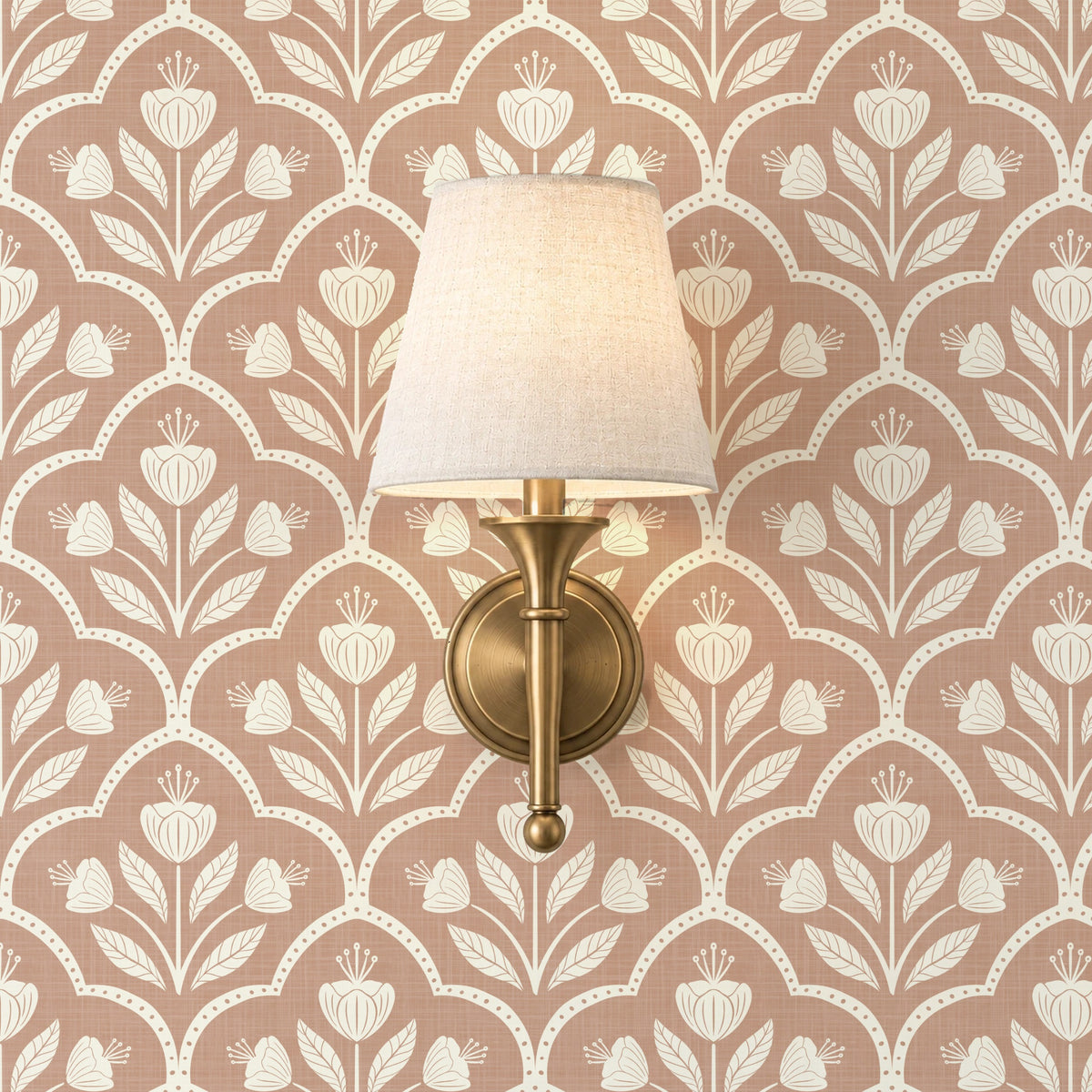neutral brown moody vintage floral tulip design on removable peel and stick, prepasted or traditional nonpasted wallpaper for a cozy heritage or cottagecore inspired space.