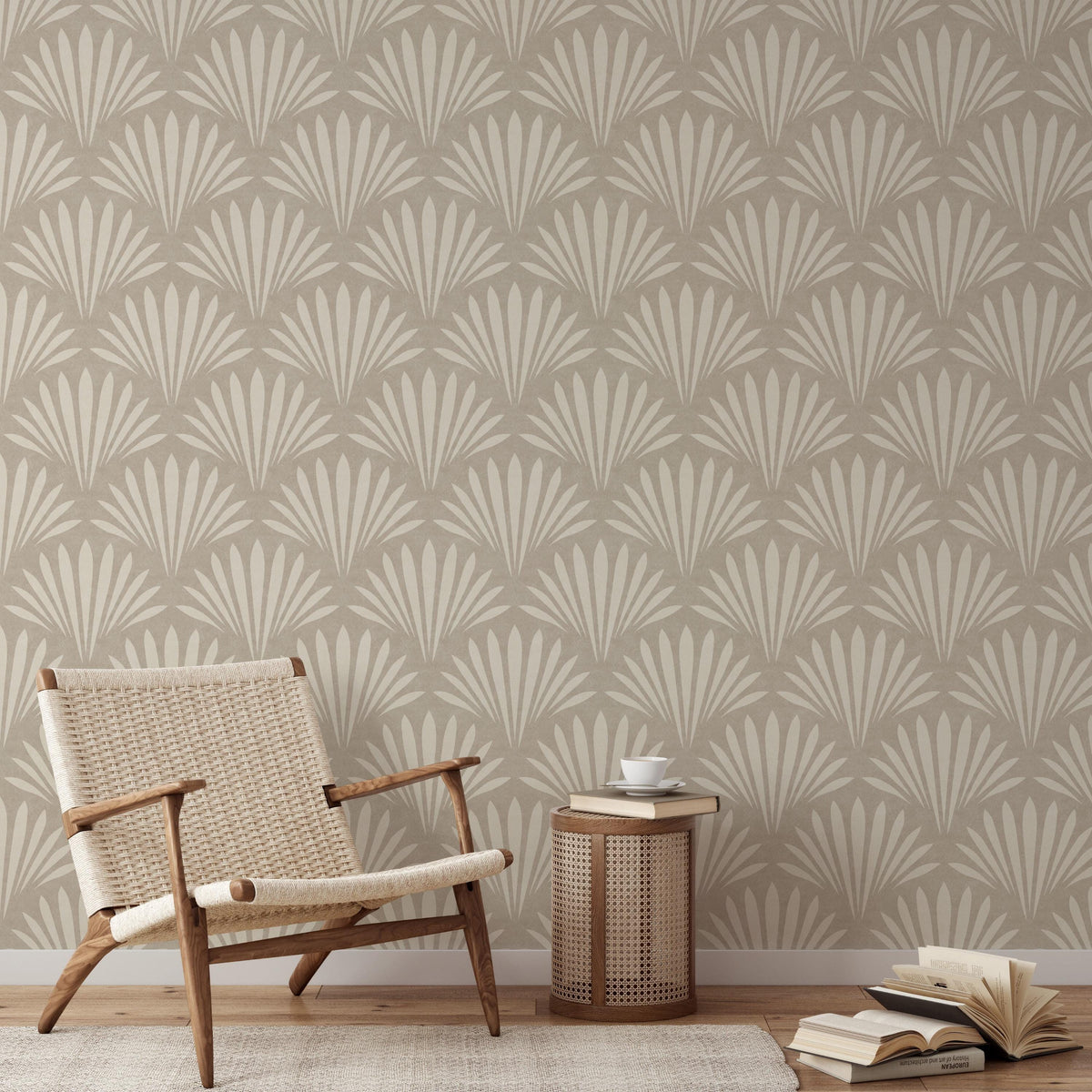 neutral coastal shell wallpaper in removable peel and stick, prepasted, or traditional nonpasted in cozy beige for modern coastal or beach house decor.