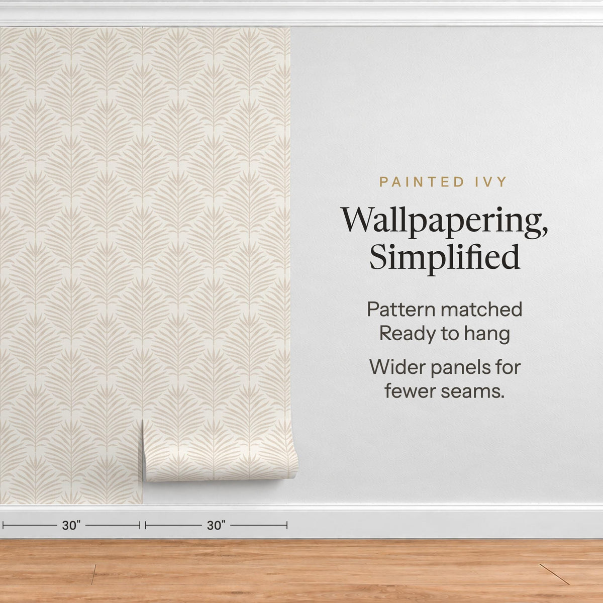 Wallpapering, Simplified graphic showing pre-matched panels of beige and white Palm Breeze palm leaf wallpaper on a wall