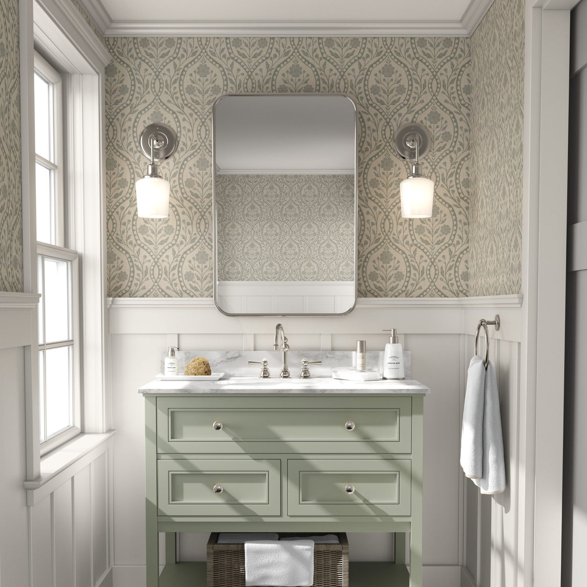 wallpaper shown in peel and stick or removable prepasted. neutral sage green and beige French country wallpaper with elegant wildflower damask. Renter-friendly subtle botanical design for a timeless baby girl nursery, bedroom, or bathroom wall.