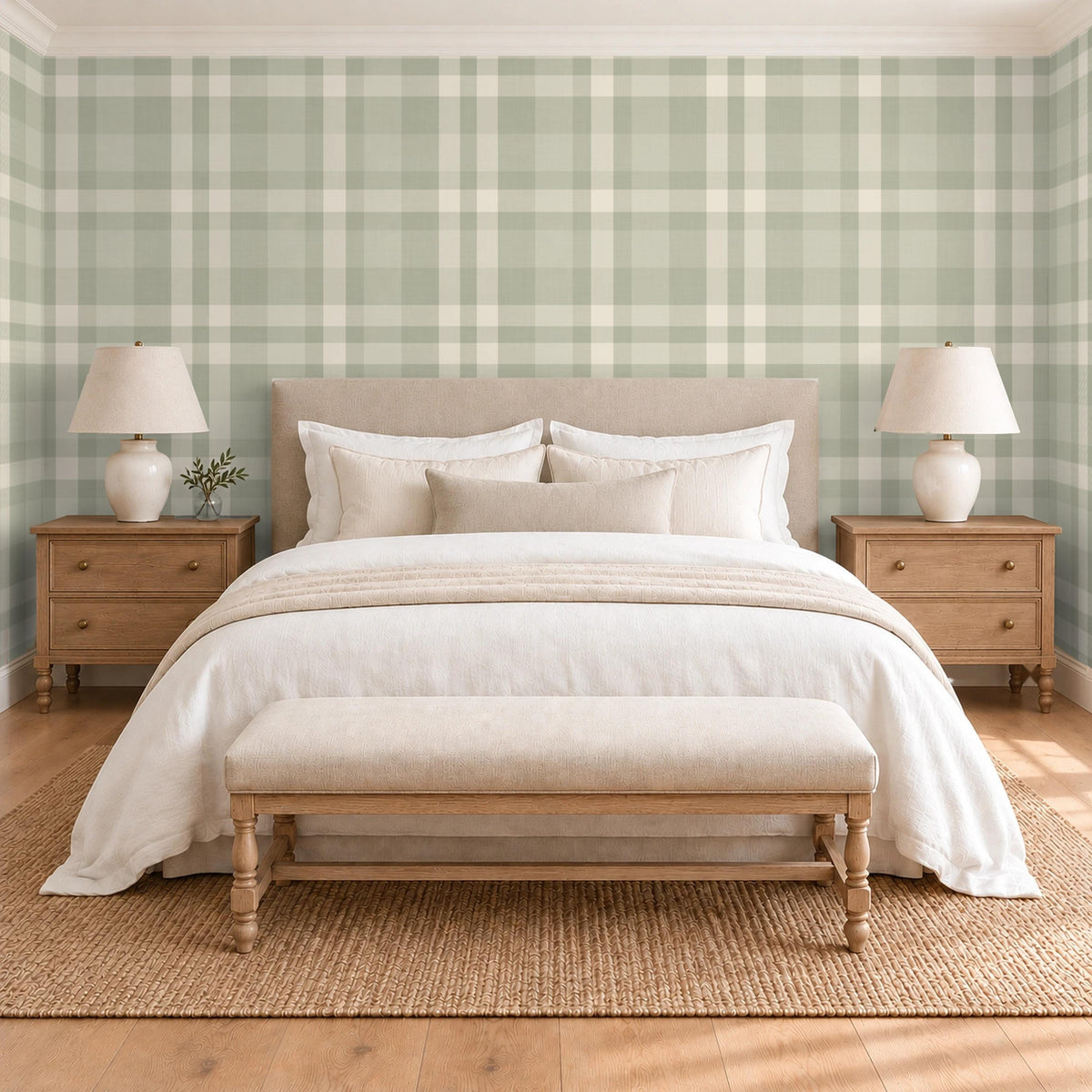 Sage green plaid traditional nonpasted wallpaper in a cozy cottage master bedroom
