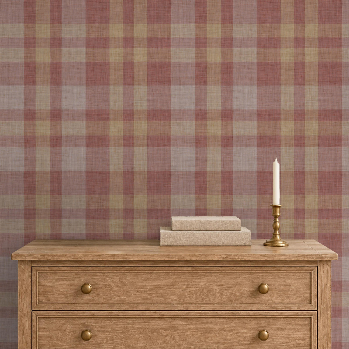 Moody burgundy plaid wallpaper accent wall in a bedroom