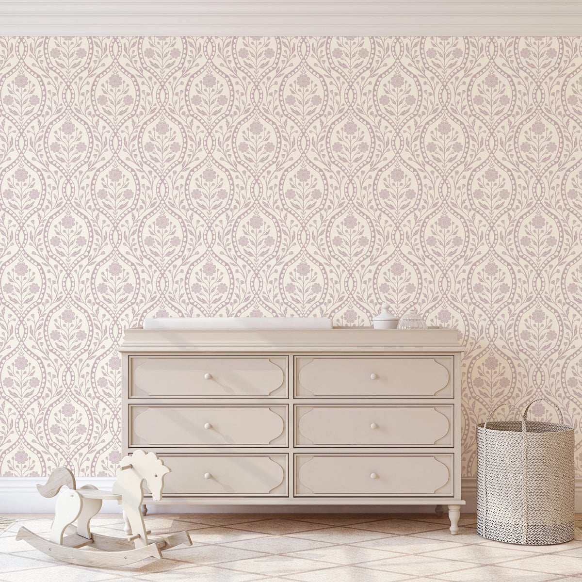 purple nursery pink floral wallpaper with botanical wildflowers shown in kids room as removable peel and stick, prepasted or traditional nonpasted