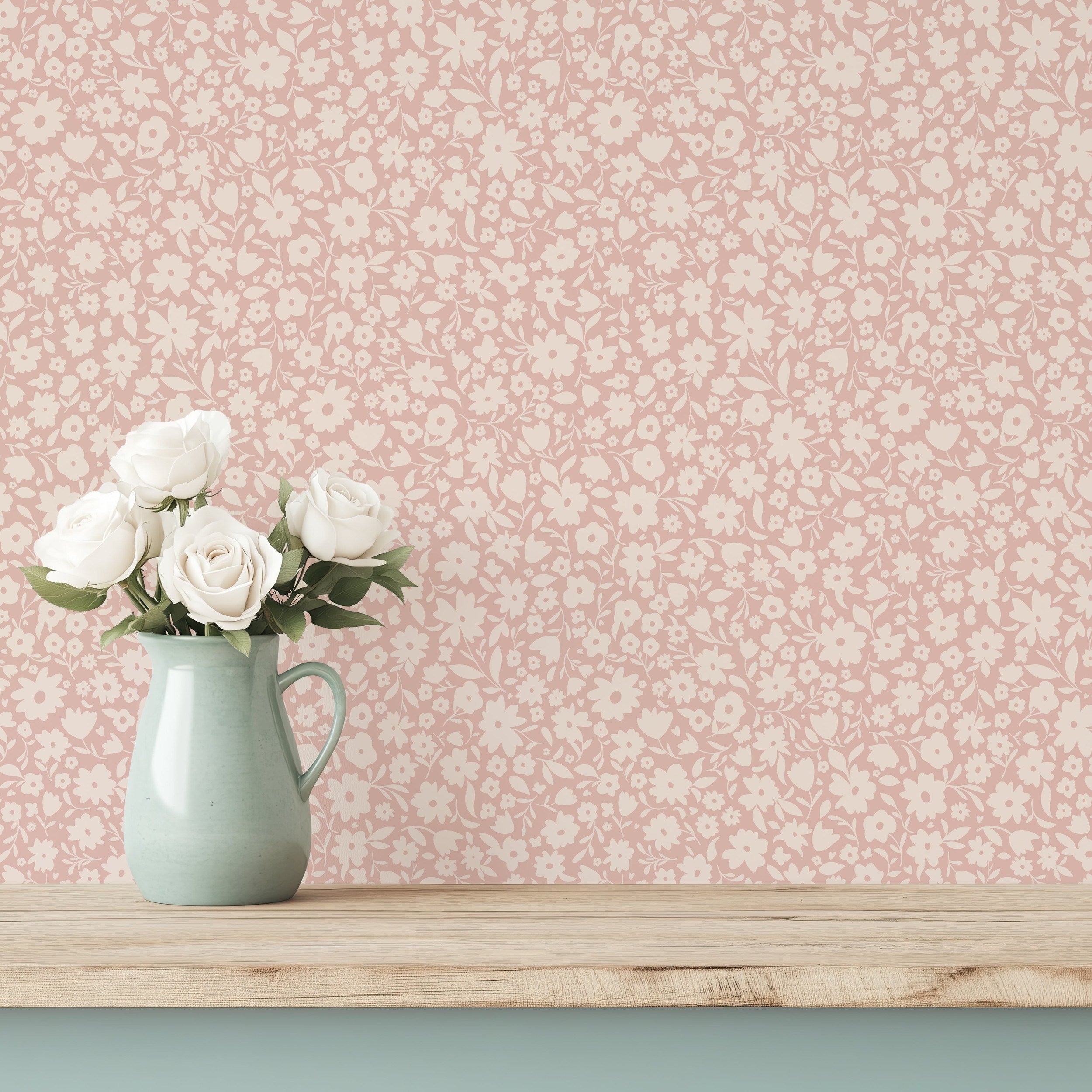 Little Meadow Floral Wallpaper - Blush wallpaper available in peel and stick (removable), prepasted, and traditional nonpasted / unpasted