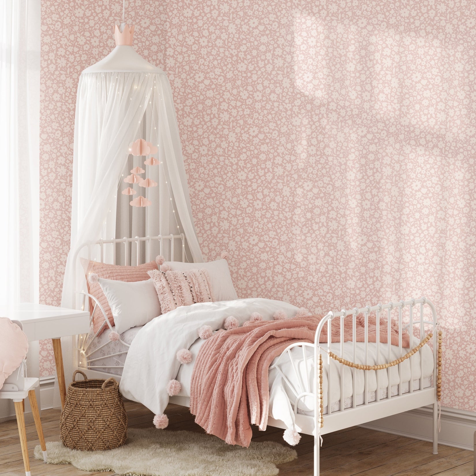 Little Meadow Floral Wallpaper - Blush wallpaper available in peel and stick (removable), prepasted, and traditional nonpasted / unpasted