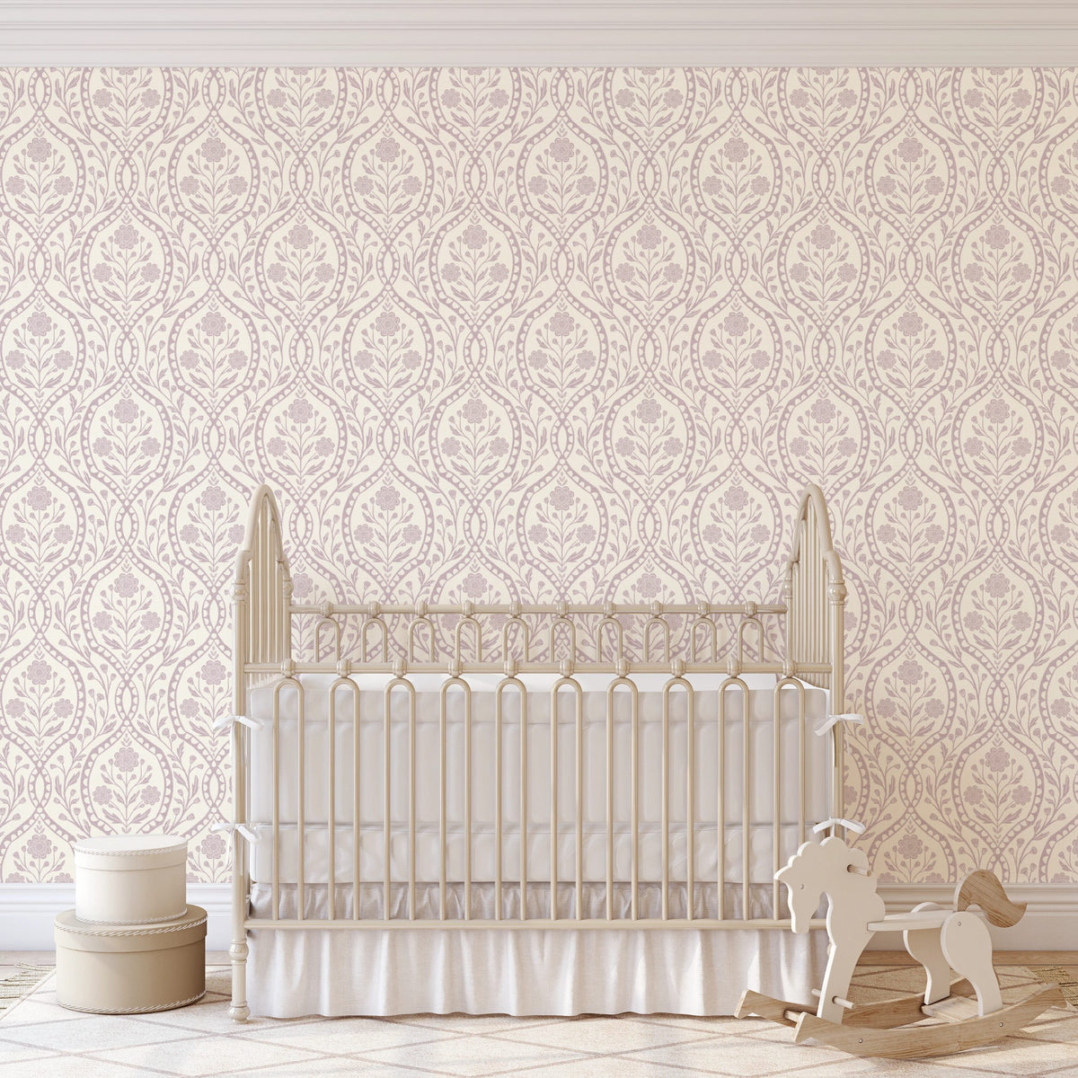 purple nursery pink floral wallpaper with botanical wildflowers shown in kids room as removable peel and stick, prepasted or traditional nonpasted