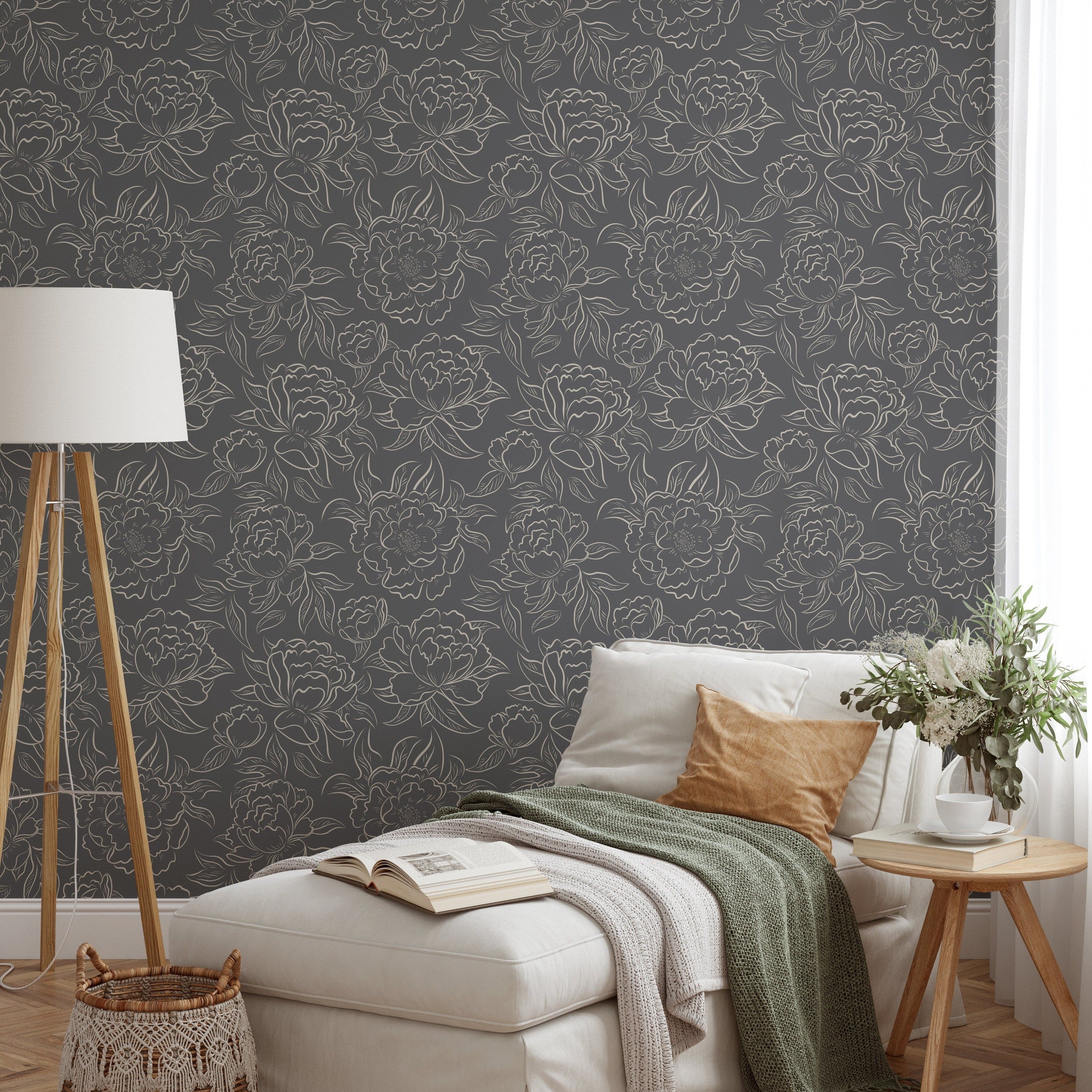 Peony Sketch Wallpaper - Charcoal wallpaper available in peel and stick (removable), prepasted, and traditional nonpasted / unpasted