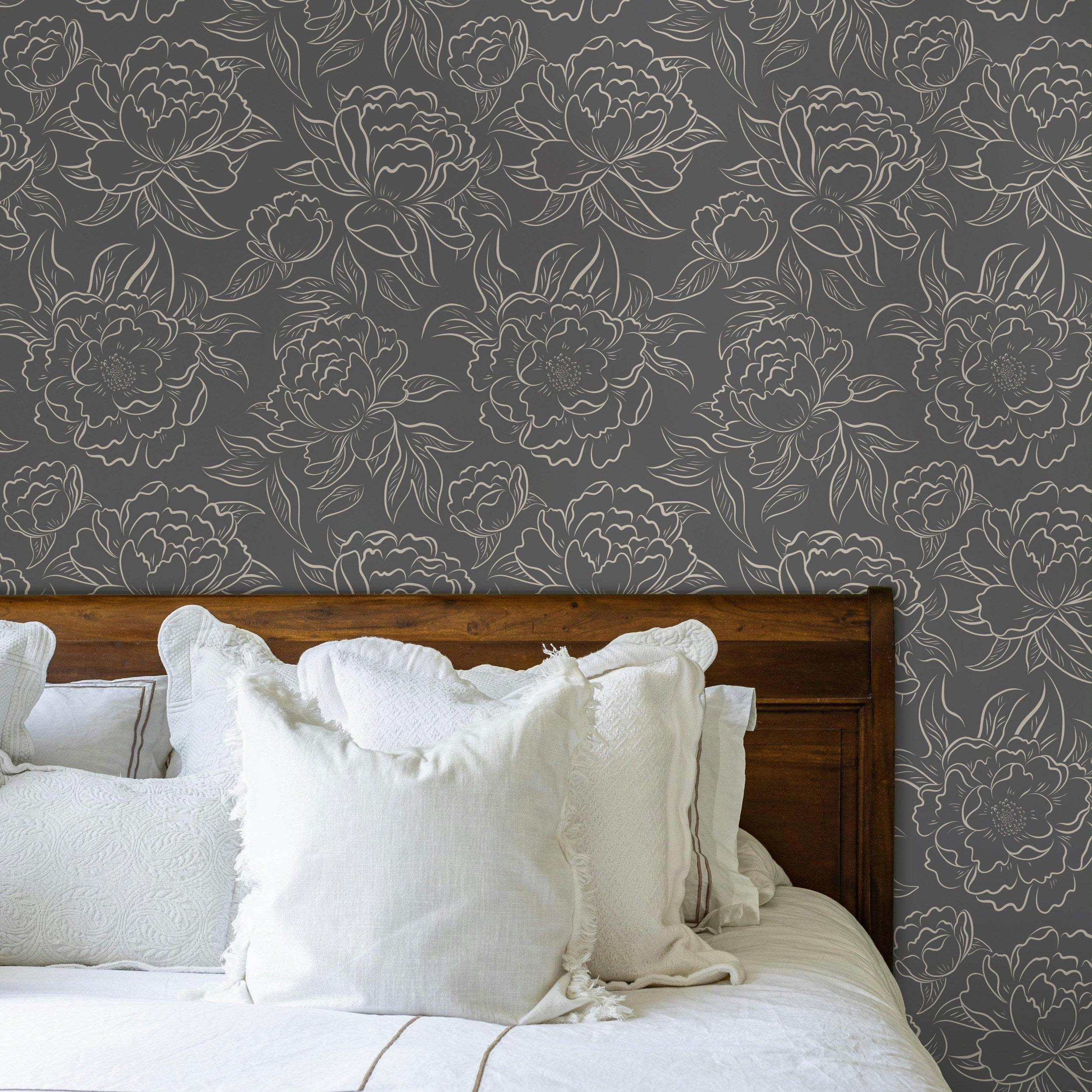 Peony Sketch Wallpaper - Charcoal wallpaper available in peel and stick (removable), prepasted, and traditional nonpasted / unpasted