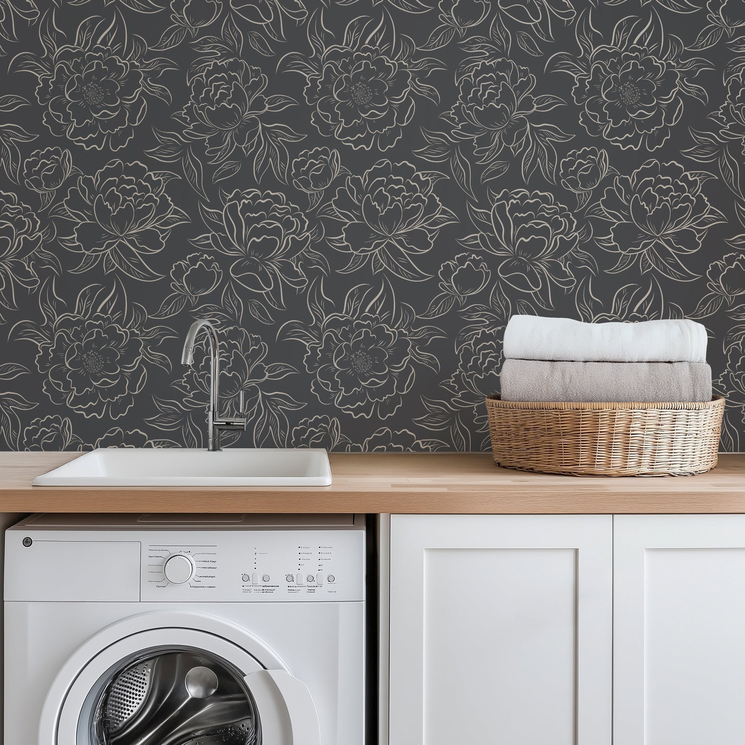 Peony Sketch Wallpaper - Charcoal wallpaper available in peel and stick (removable), prepasted, and traditional nonpasted / unpasted