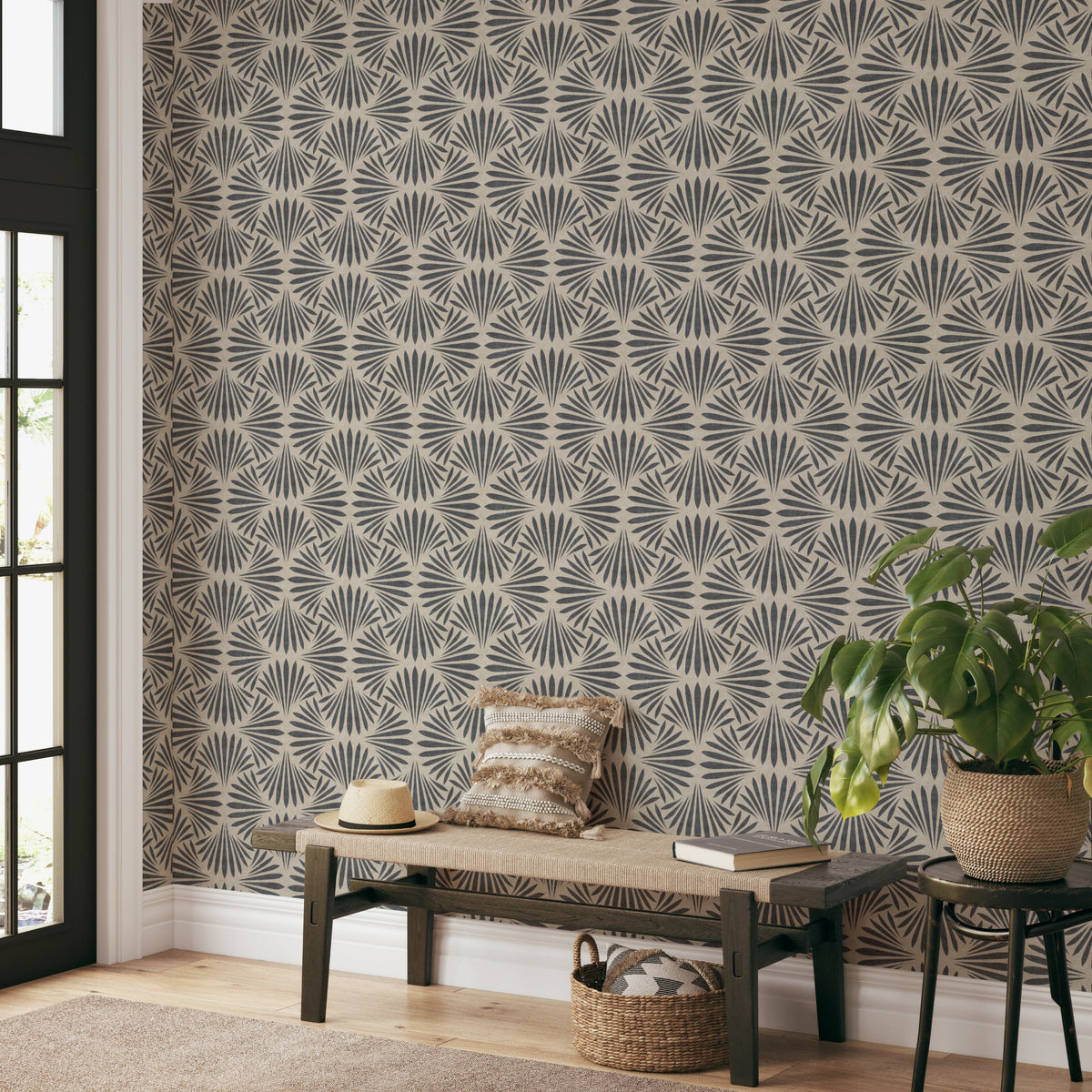 coastal shell black and tan wallpaper in removable peel and stick, prepasted or traditional nonpasted for modern art deco or boho beach house decor.