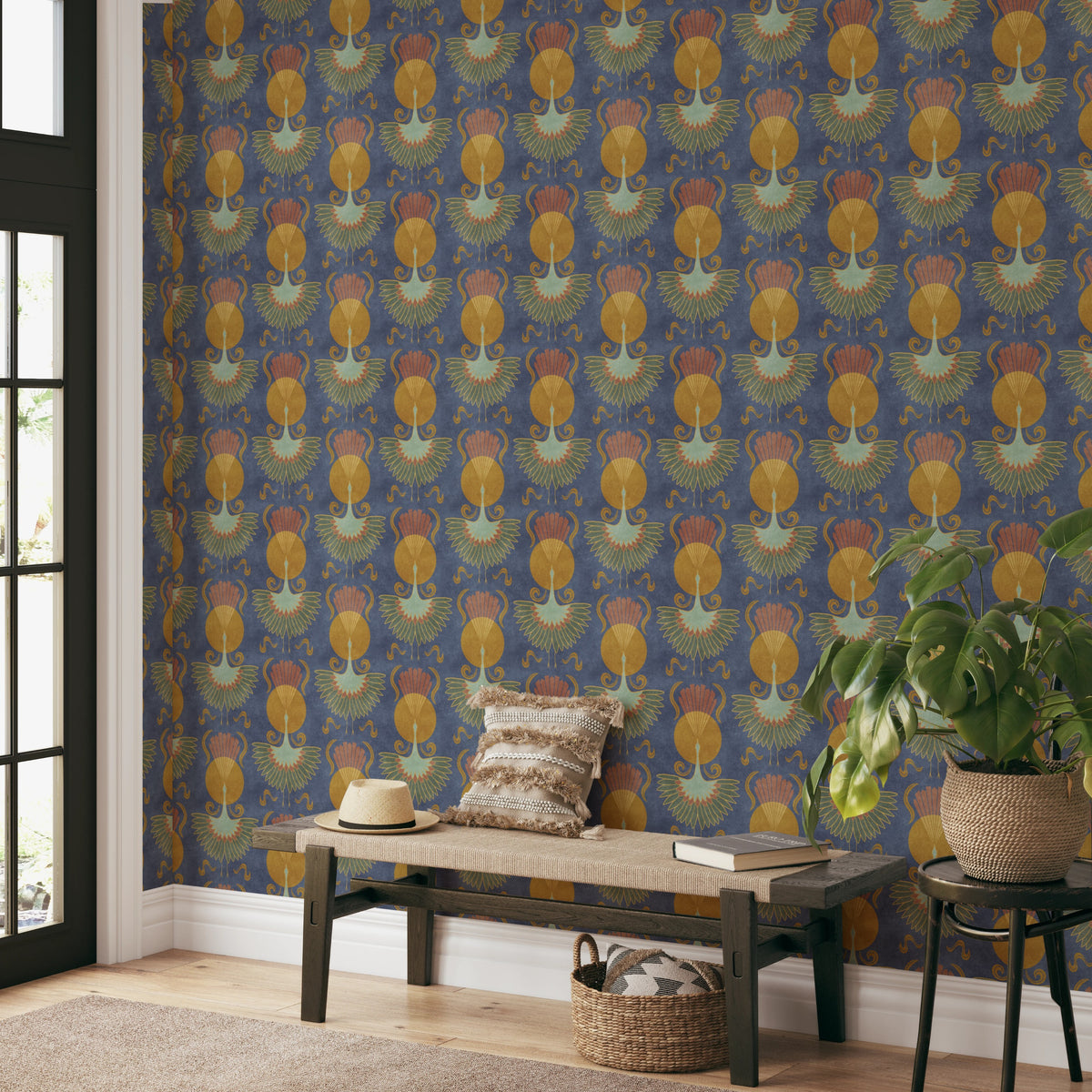 blue crane bird wallpaper in peel and stick, prepasted, or traditional nonpasted for dark moody art deco or mid century modern decor.