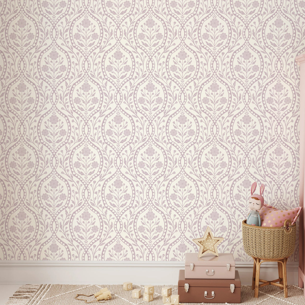 purple nursery pink floral wallpaper with botanical wildflowers shown in kids room as removable peel and stick, prepasted or traditional nonpasted