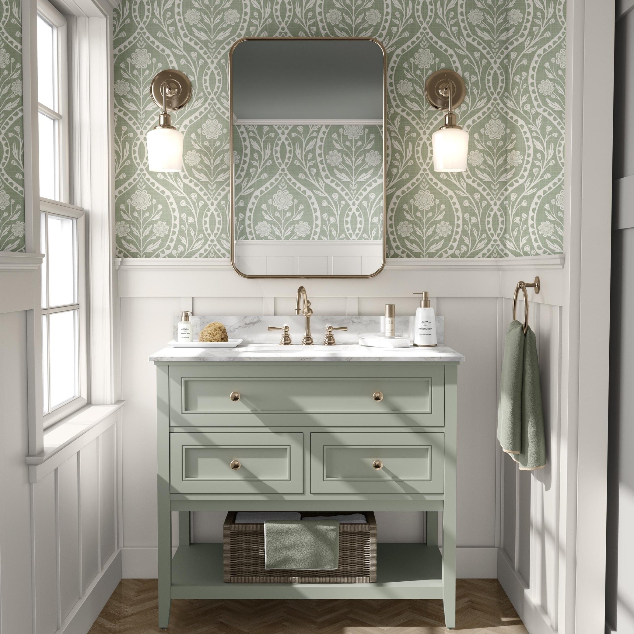 Sage green and white floral wallpaper with a wildflower floral damask pattern. Shown in peel and stick or prepasted for a removable renter friendly option for traditional or french country aesthetic suitable for baby nursery, bedroom, bathroom, kitchen or dining room.