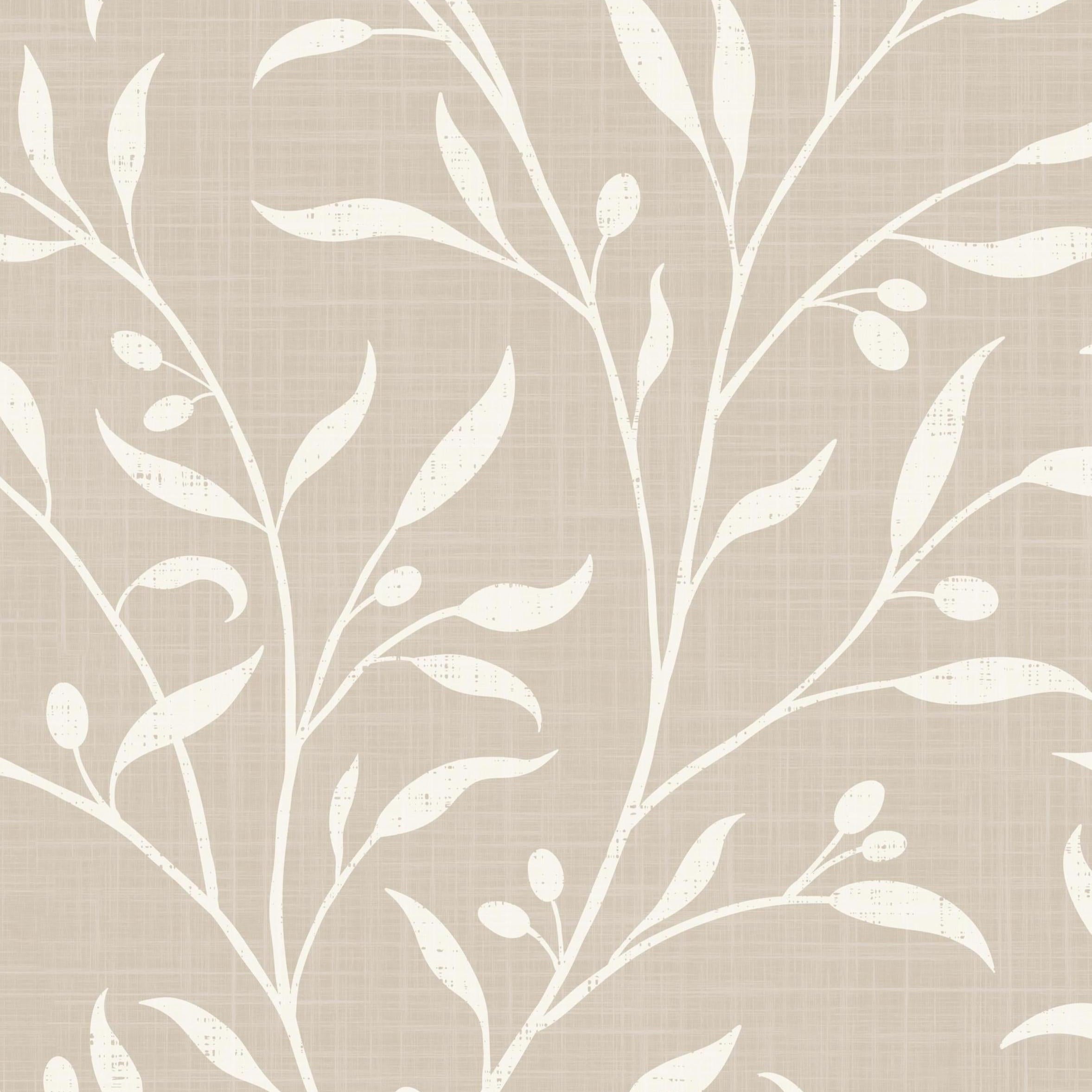 a repeating pattern of white leaves and branches against a light brown background.
