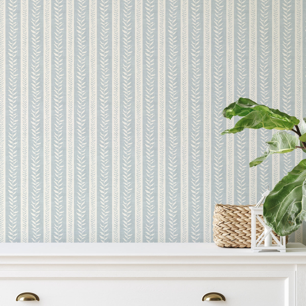 coastal stripe blue and white wallpaper botanical vine print on peel and stick, prepasted or traditional nonpasted for coastal or beach house decor.