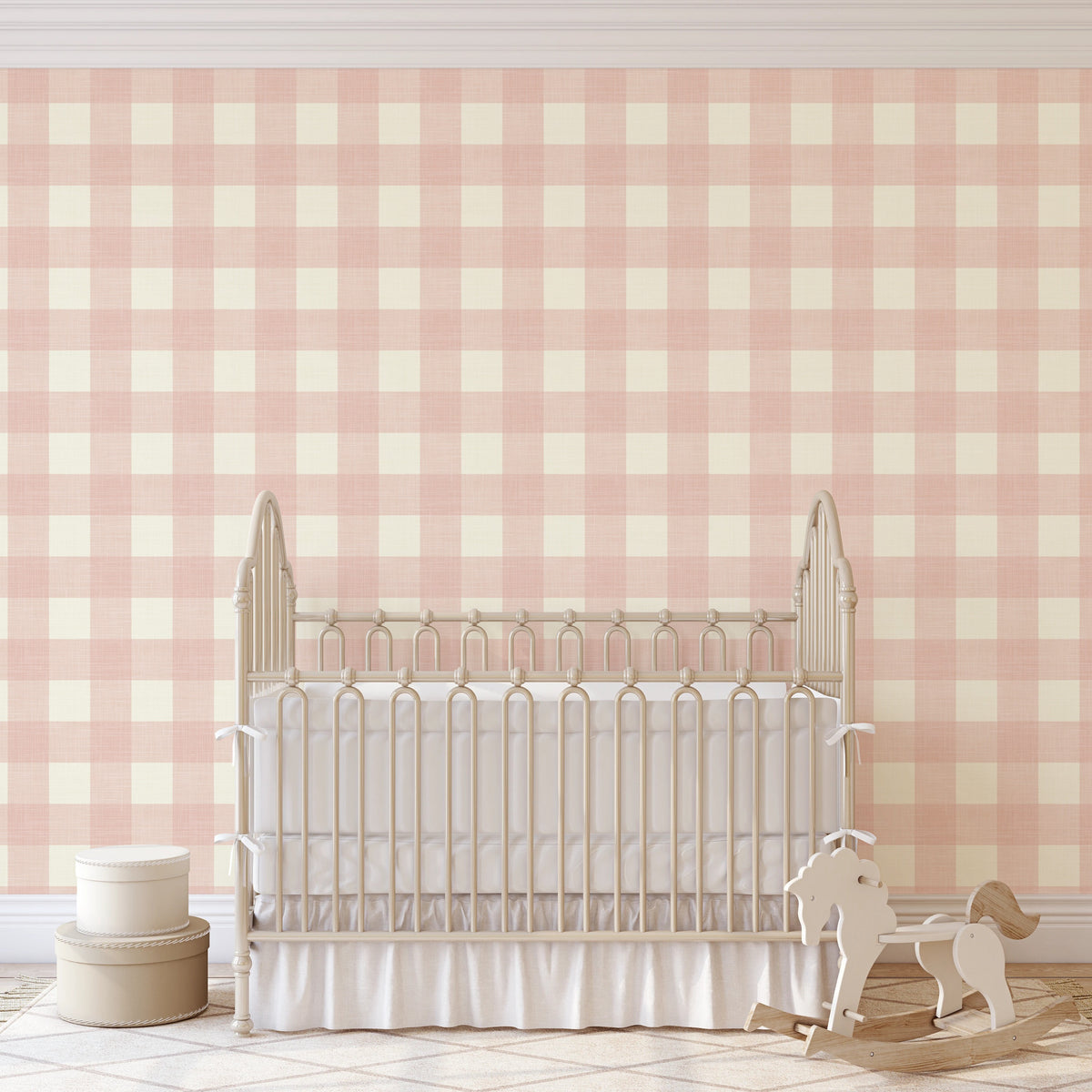 pink and white gingham wallpaper for girls bedroom or nursery with a cute cottage or farmhouse style in peel and stick, traditional nonpasted or prepasted wallpaper.