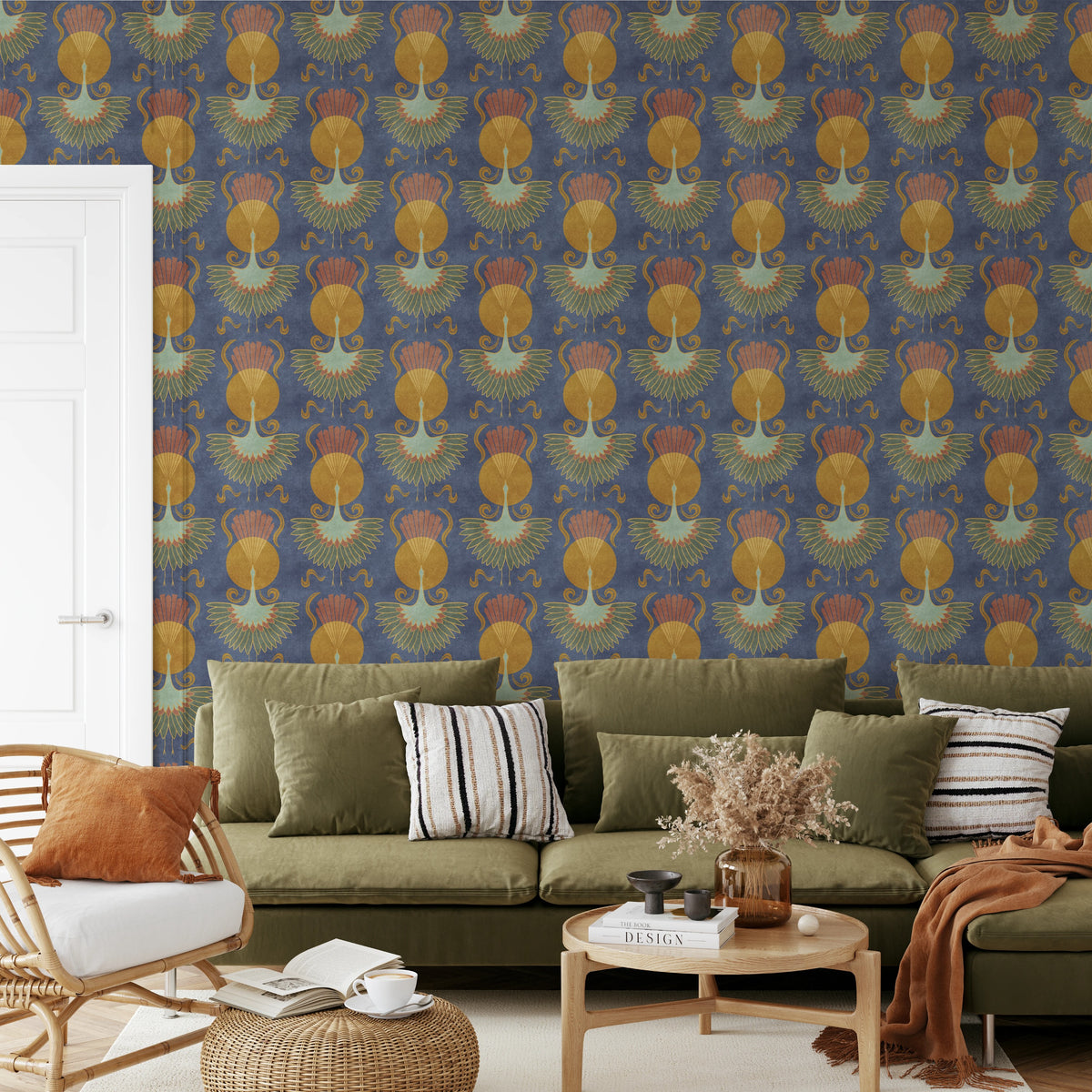 blue crane bird wallpaper in peel and stick, prepasted, or traditional nonpasted for dark moody art deco or mid century modern decor.