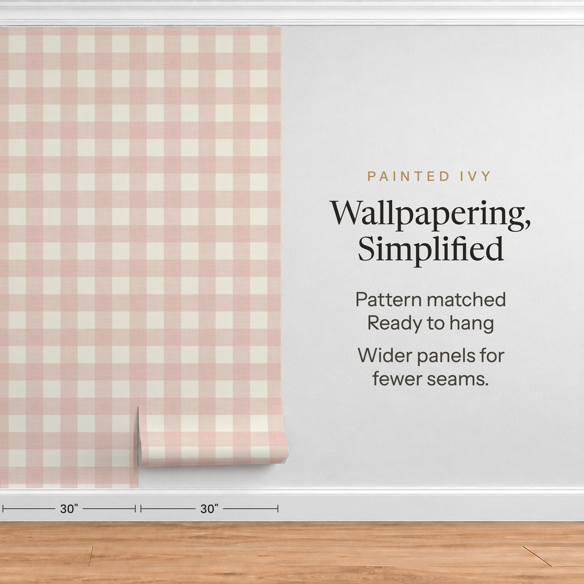 a wall with a pink and white checkered pattern, and there is text next to it that describes the wallpaper as "painted ivy" and "Wallpapering, Simplified".