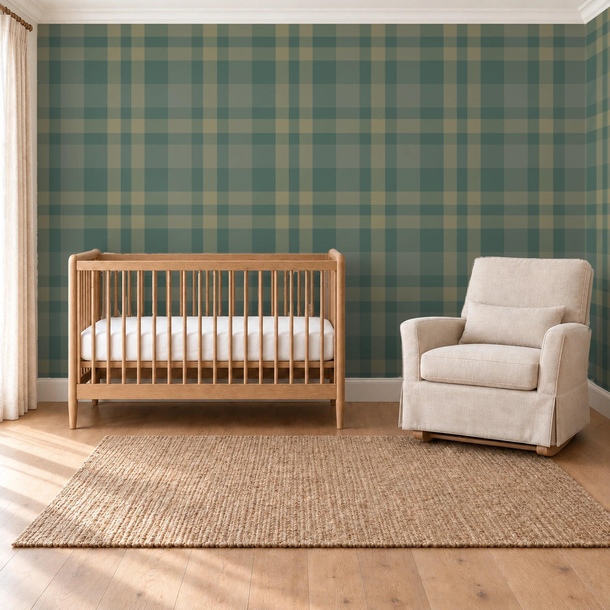 Forest green plaid wallpaper in a baby boy nursery