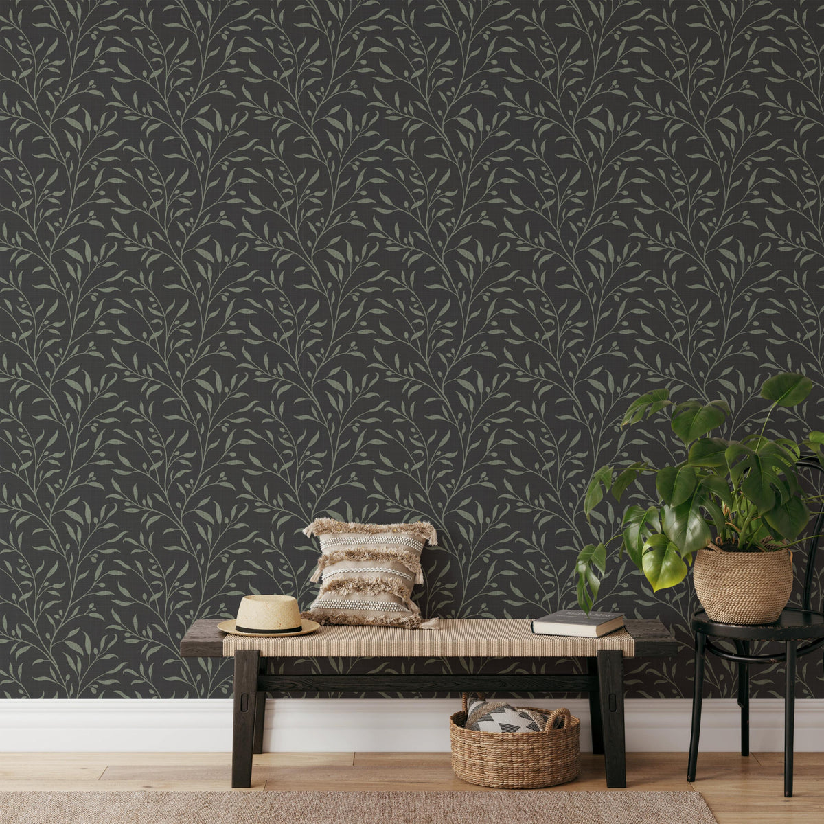 dark moody olive grove botanical leaves and branches wallpaper in peel and stick, prepasted or traditional nonpasted for vintage farmhouse or dramatic accent wall.