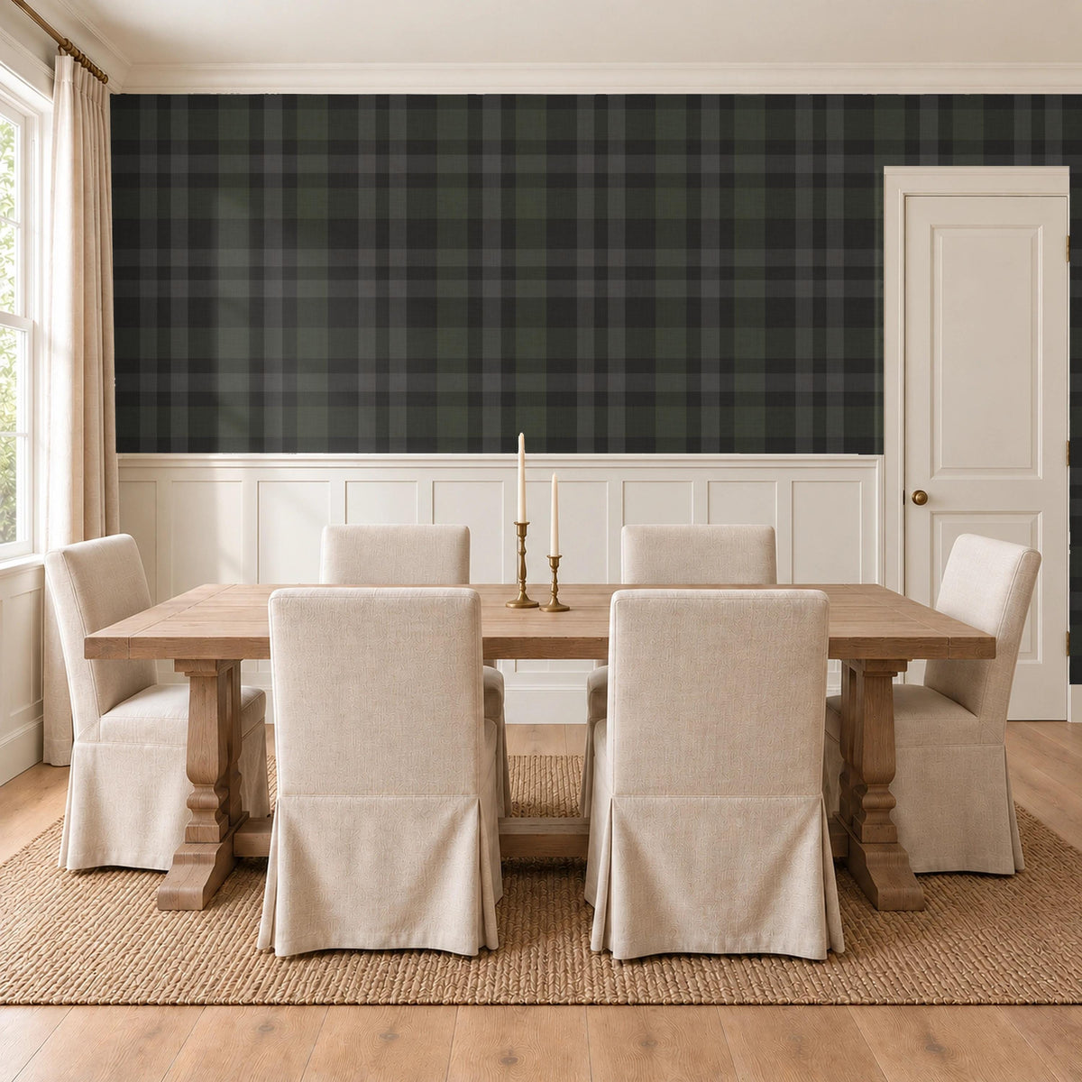 Dark plaid traditional nonpasted wallpaper above wainscoting in a moody dining room