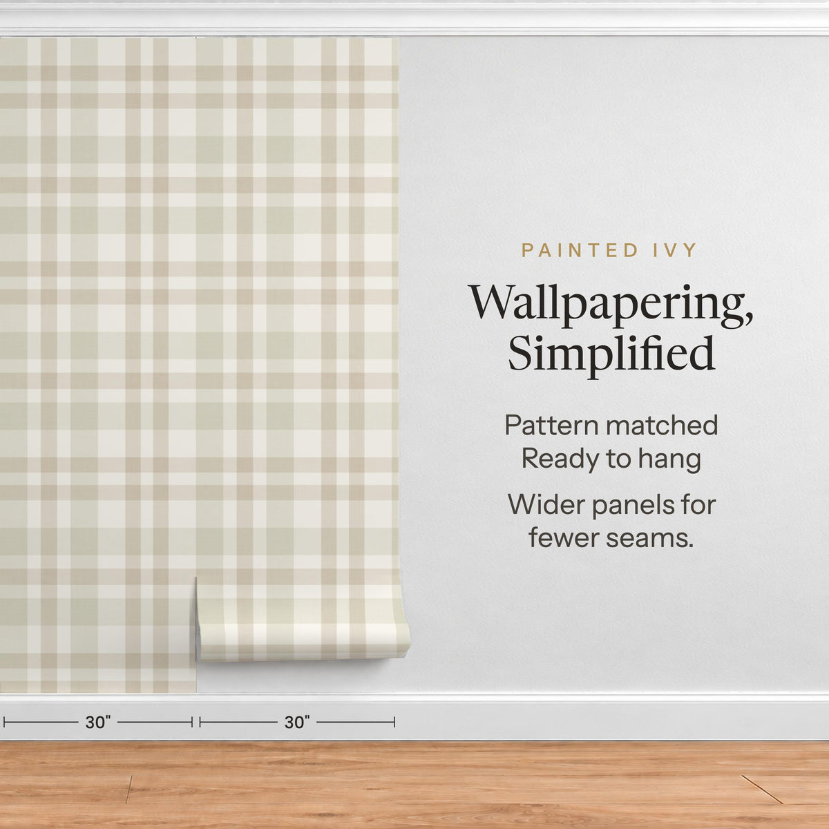 Wallpapering, Simplified graphic showing pre-matched panels of beige and cream Hollis plaid wallpaper on a wall
