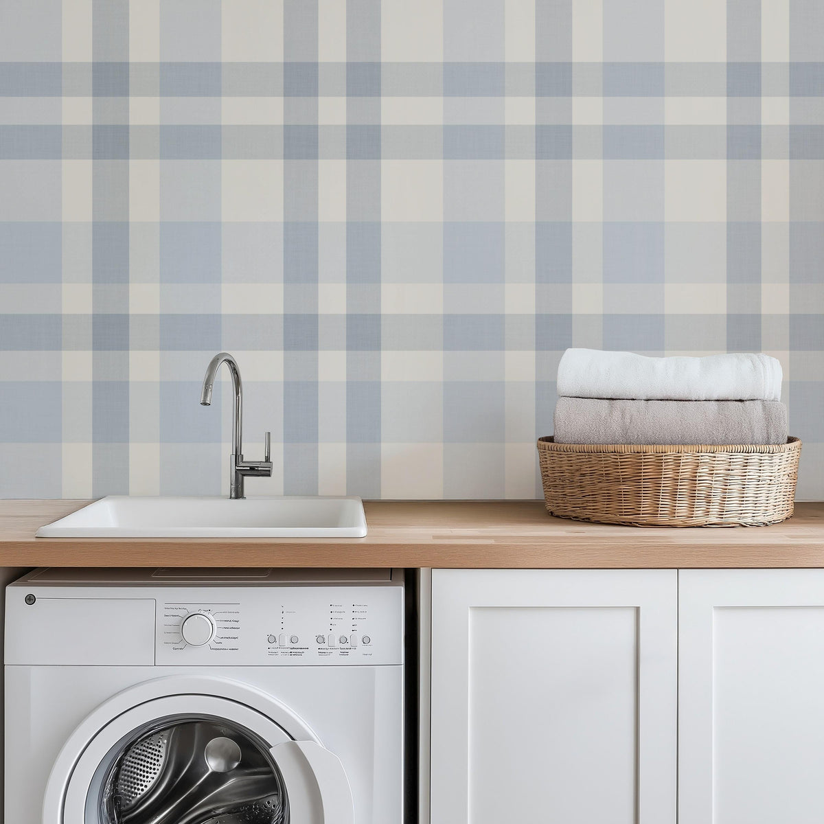 Light blue and white plaid wallpaper in a laundry room