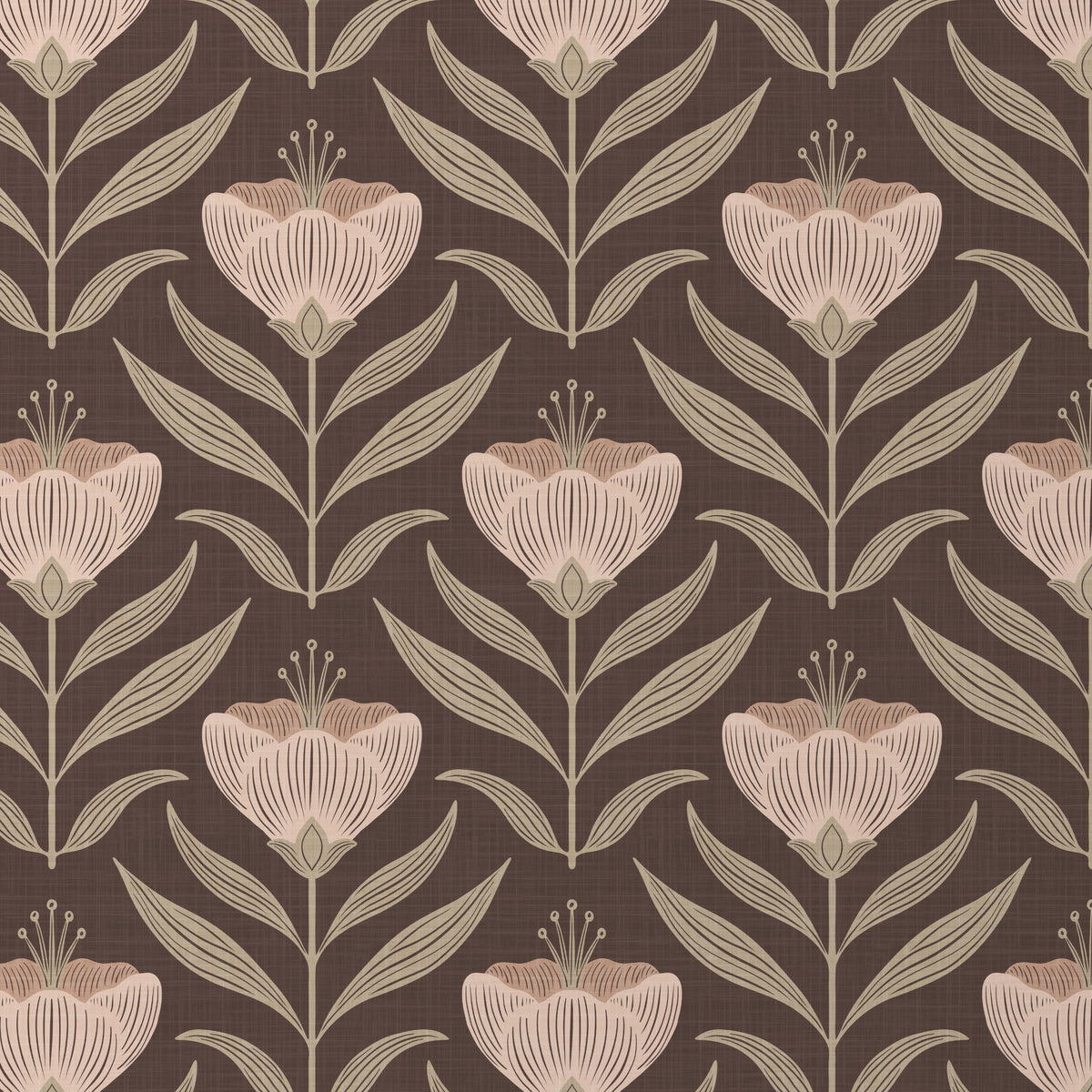 Dark moody brown vintage floral wallpaper, Emma Wildflower Floral, in peel and stick, prepasted or traditional nonpasted