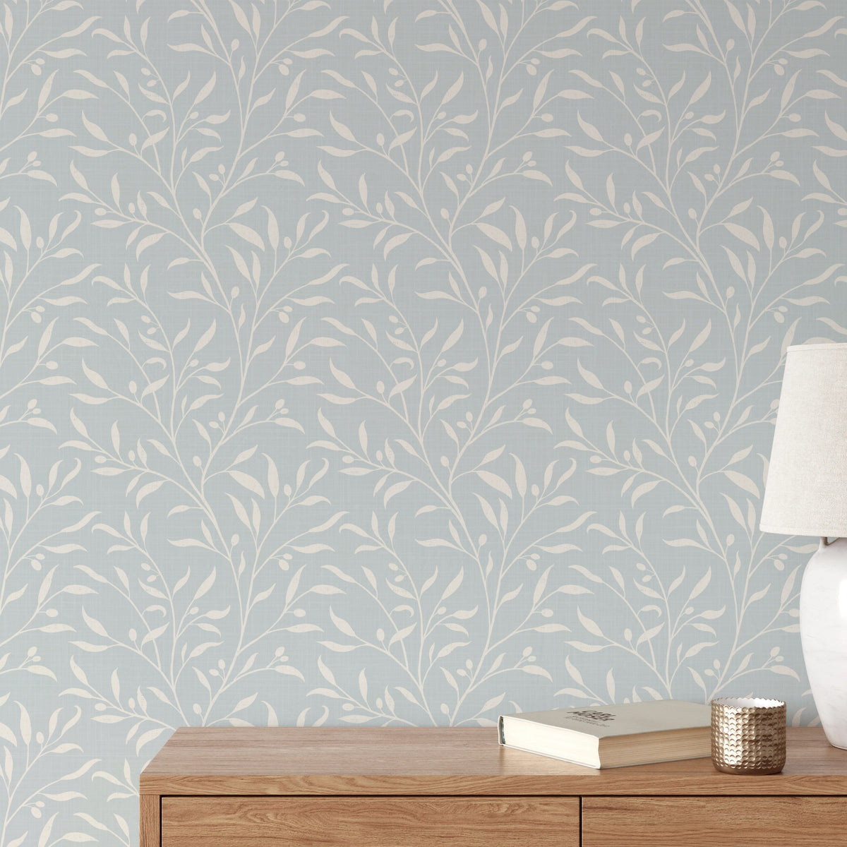 Blue and white olive grove tree botanical Mediterranean Wallpaper Removable Peel and Stick. Soft pastel vintage cottage core style design for baby nursery, bedroom, bathroom, powder room or laundry room wall.