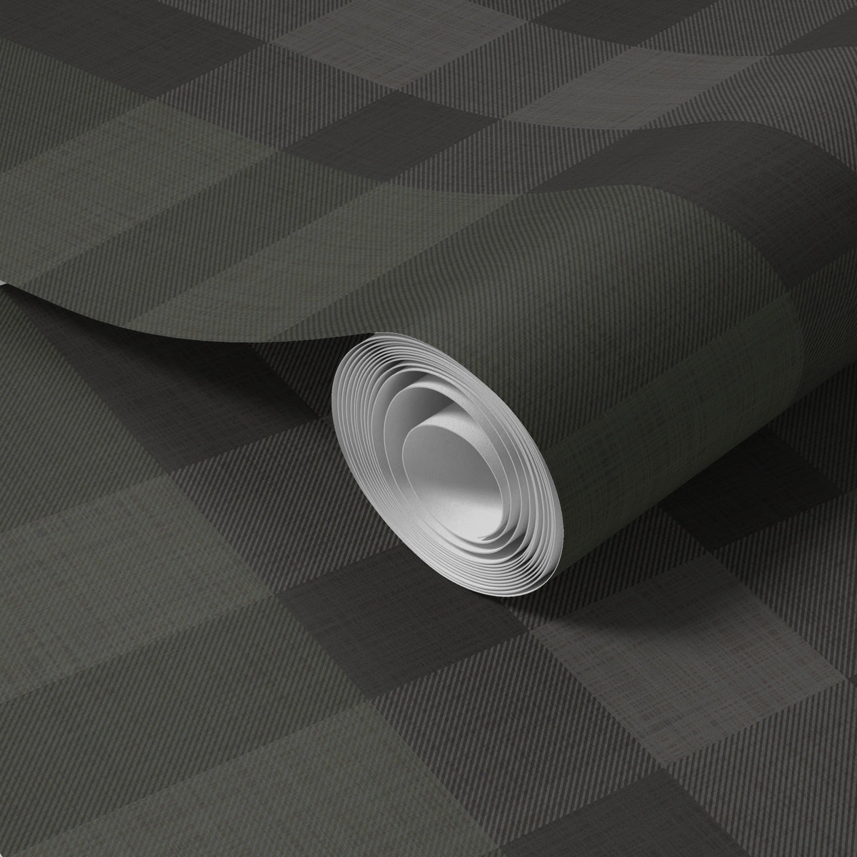 Roll of charcoal black and olive green plaid wallpaper
