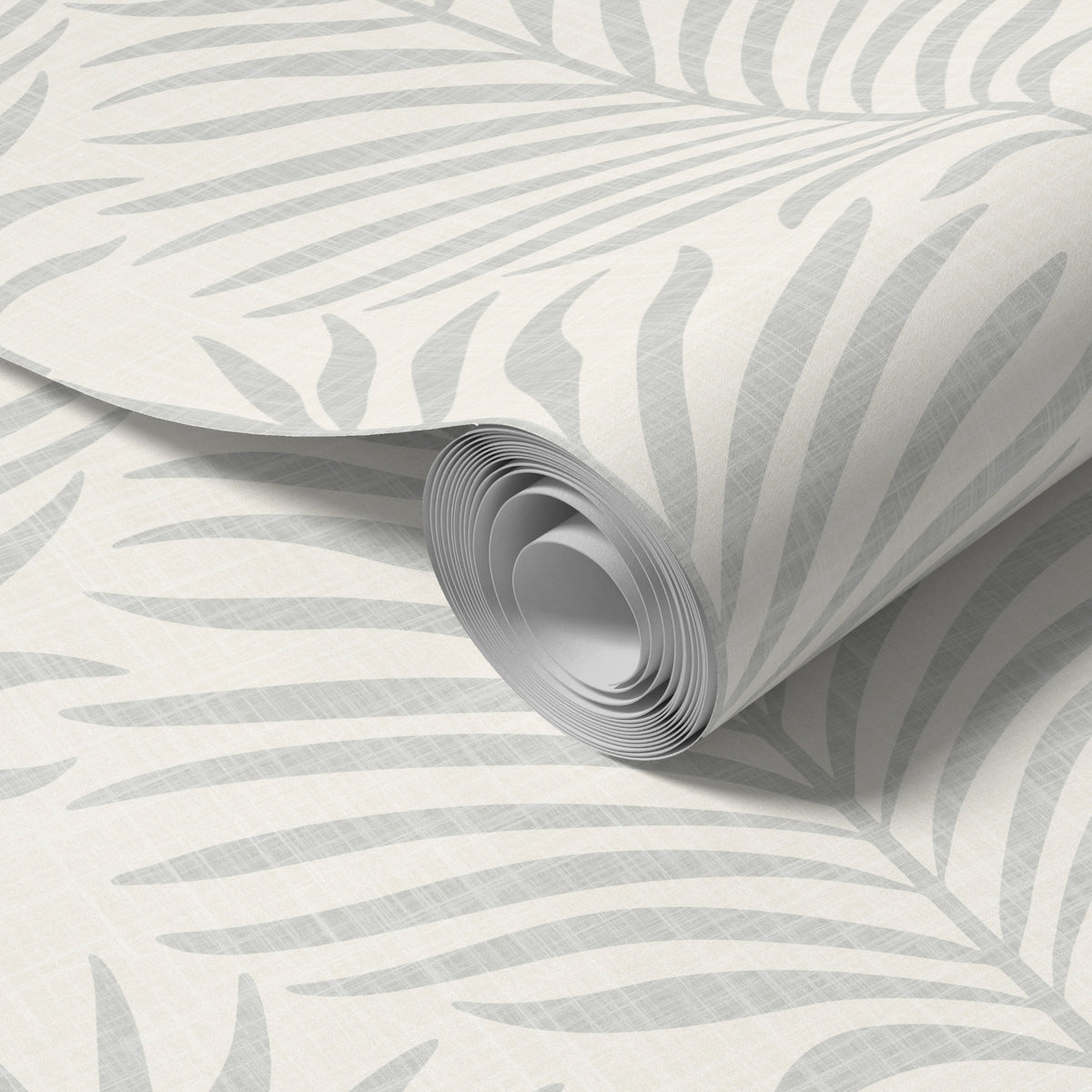 coastal botanical palm leaf wallpaper in gray and white for modern beach house or tropical decor in peel and stick, prepasted, or traditional nonpasted samples and rolls or panels