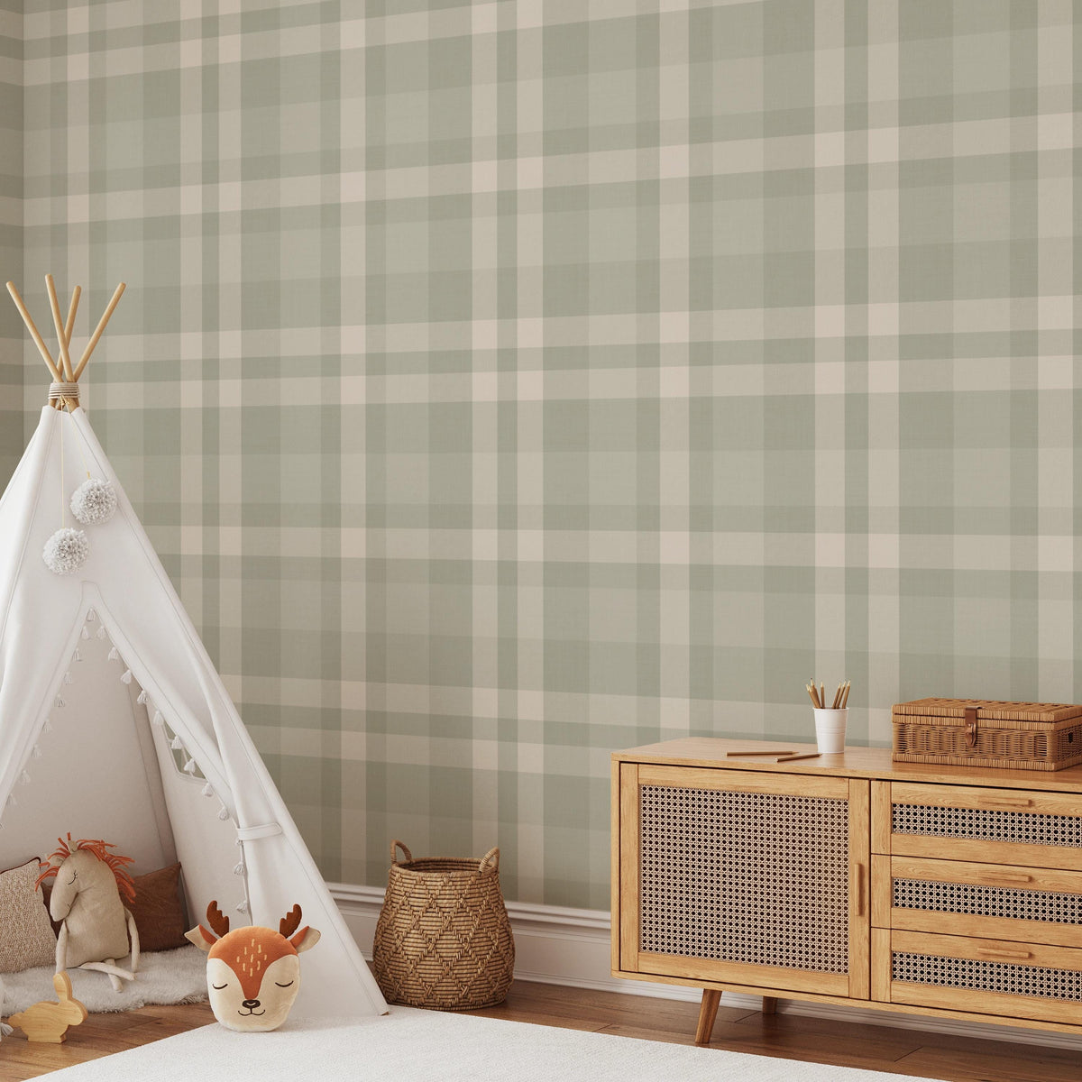 Sage green plaid wallpaper in a cottage style kids playroom
