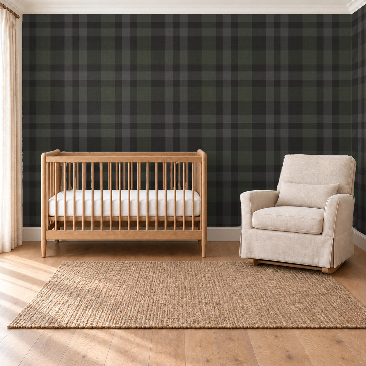 Charcoal plaid wallpaper in a moody baby nursery