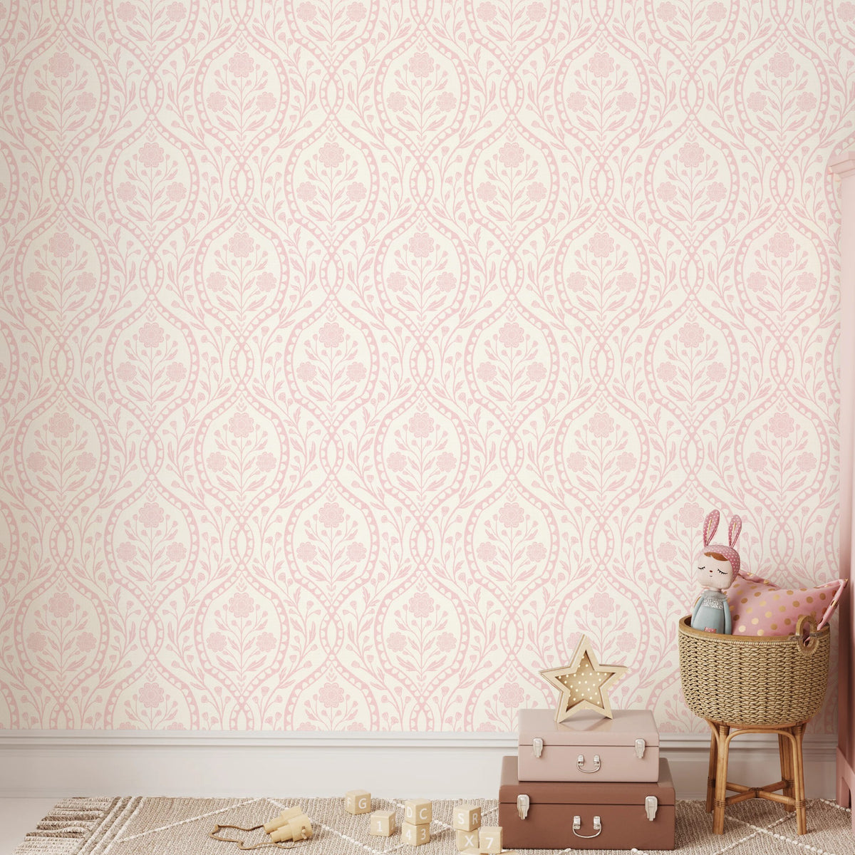 girls nursery pink floral wallpaper with botanical wildflowers shown in kids room as removable peel and stick, prepasted or traditional nonpasted
