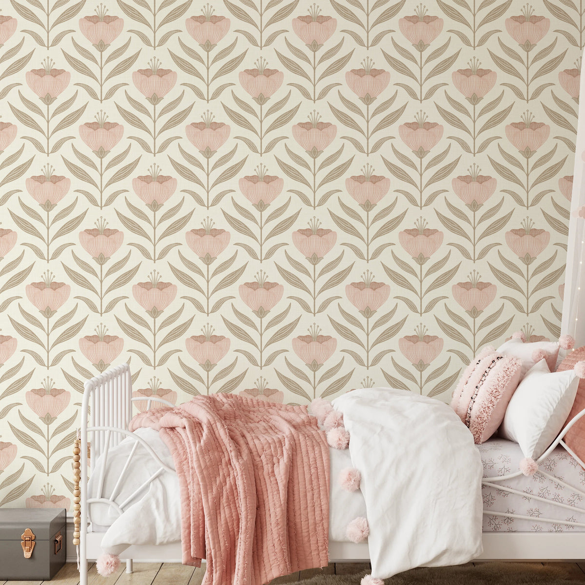 pink vintage floral emma wildflower wallpaper in peel and stick, prepasted or traditional nonpasted for girls nursery bedroom