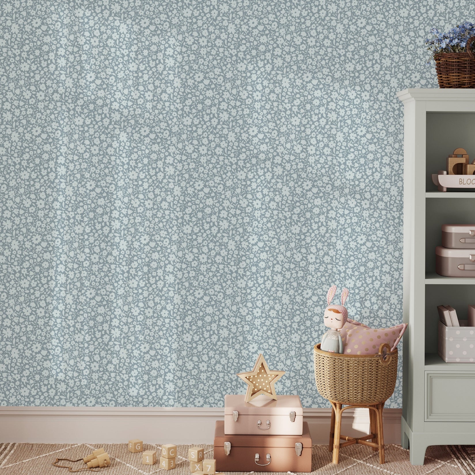 Little Meadow Floral Wallpaper - Dusty Blue wallpaper available in peel and stick (removable), prepasted, and traditional nonpasted / unpasted
