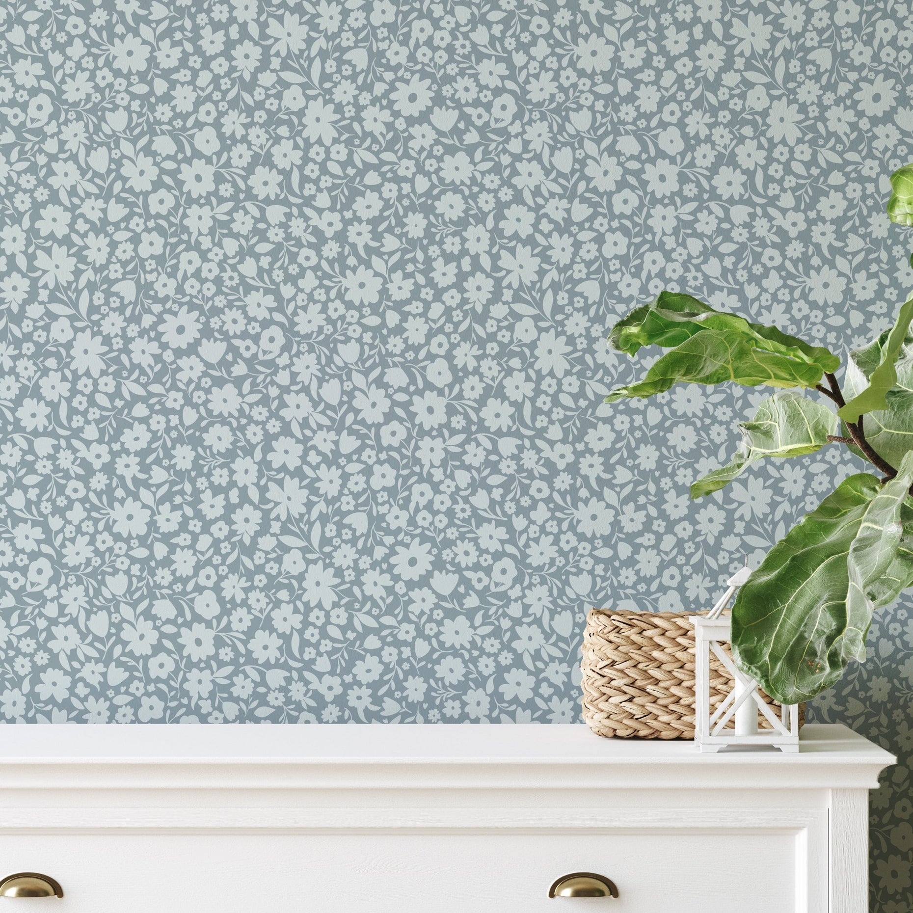 Little Meadow Floral Wallpaper - Dusty Blue wallpaper available in peel and stick (removable), prepasted, and traditional nonpasted / unpasted