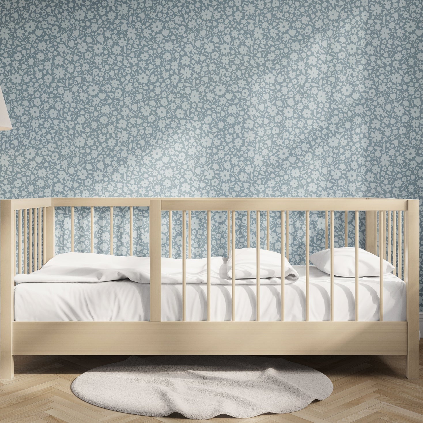Little Meadow Floral Wallpaper - Dusty Blue wallpaper available in peel and stick (removable), prepasted, and traditional nonpasted / unpasted