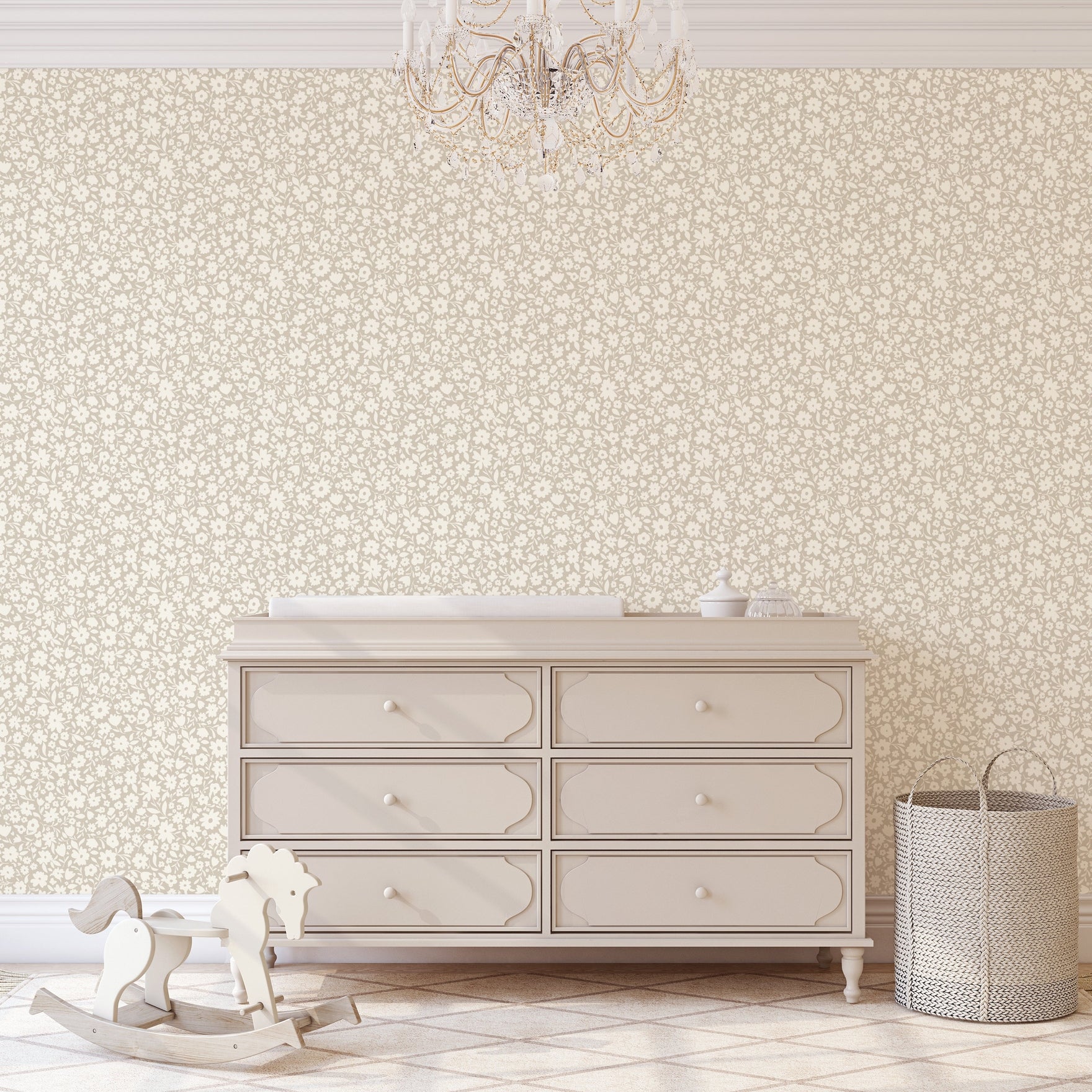 Little Meadow Floral Wallpaper - Neutral Greige wallpaper available in peel and stick (removable), prepasted, and traditional nonpasted / unpasted