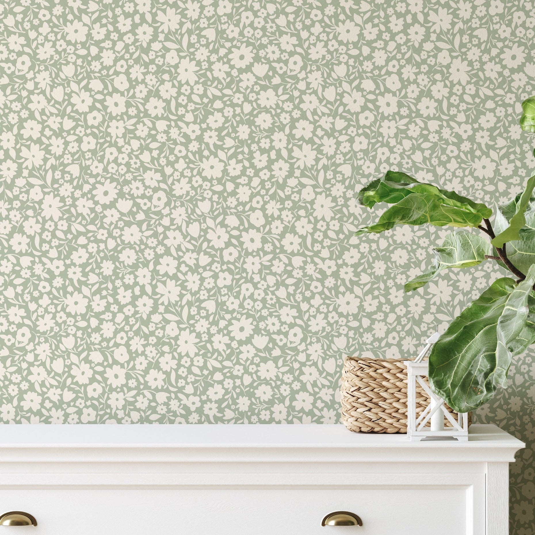 Little Meadow Floral Wallpaper - Sage wallpaper available in peel and stick (removable), prepasted, and traditional nonpasted / unpasted