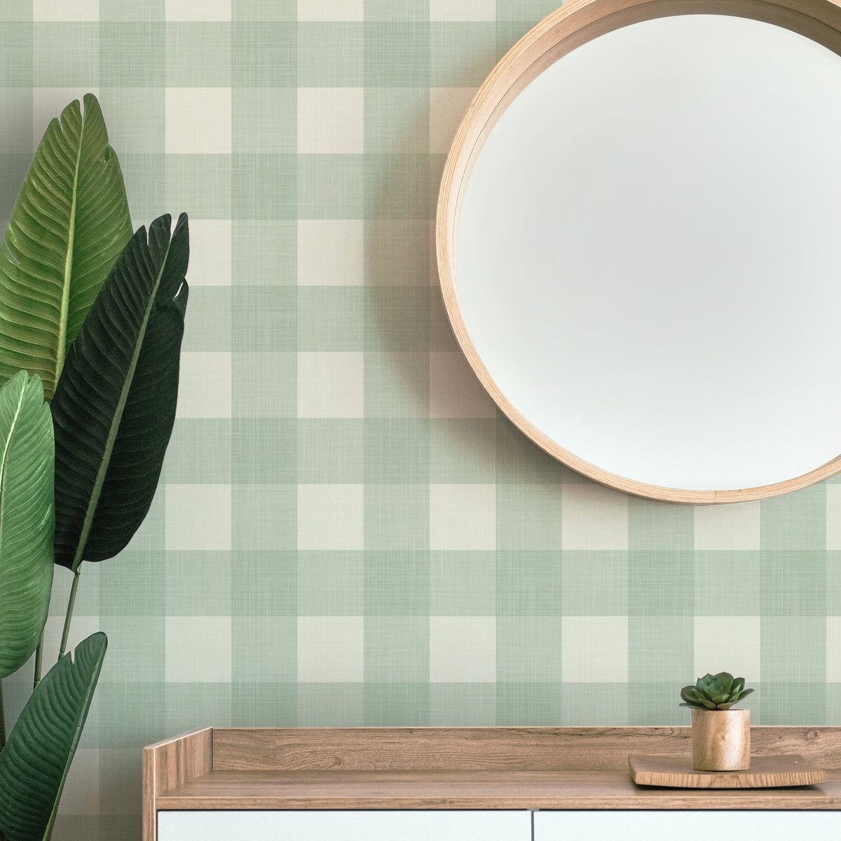 Large scale sage green gingham peel and stick wallpaper in a modern farmhouse entryway