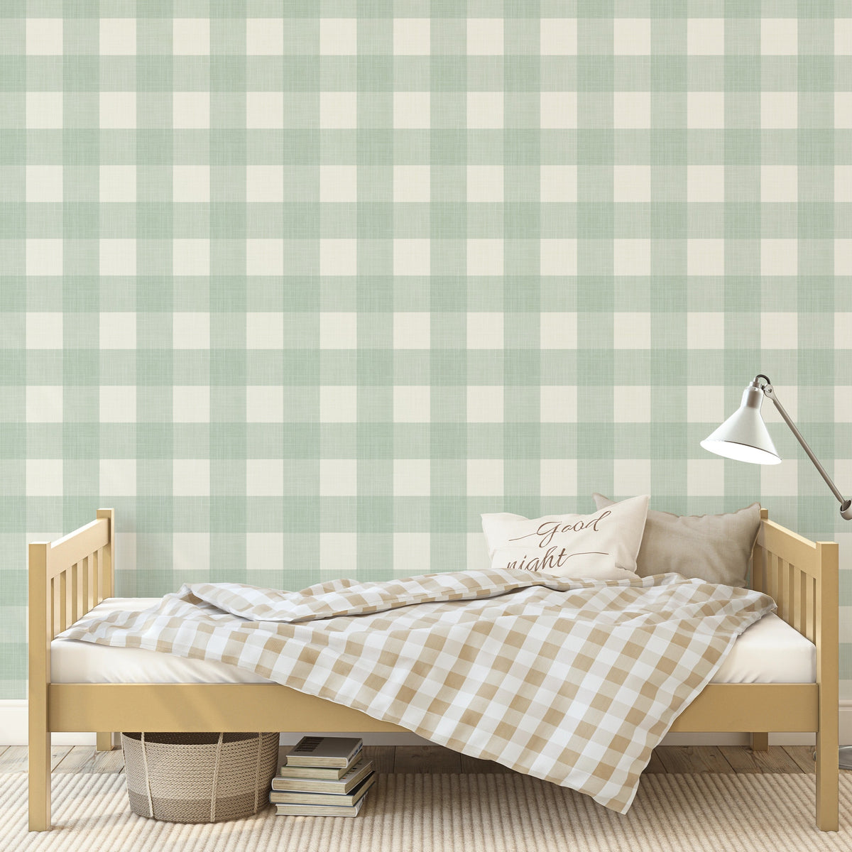 Sage green gingham wallpaper in a boys bedroom