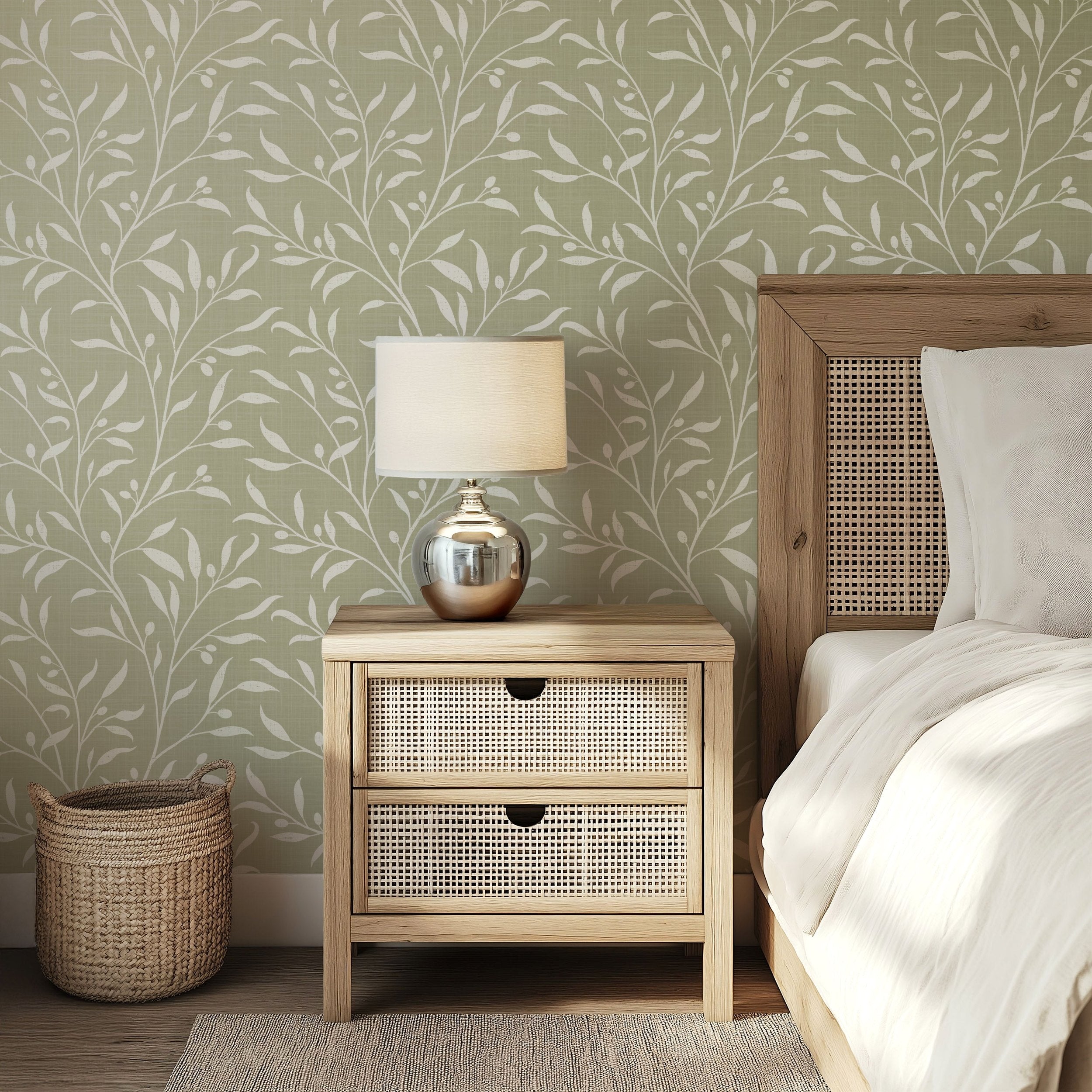 wallpaper in removable peel and stick prepasted or nonpasted with green botanical olive leaves and branches